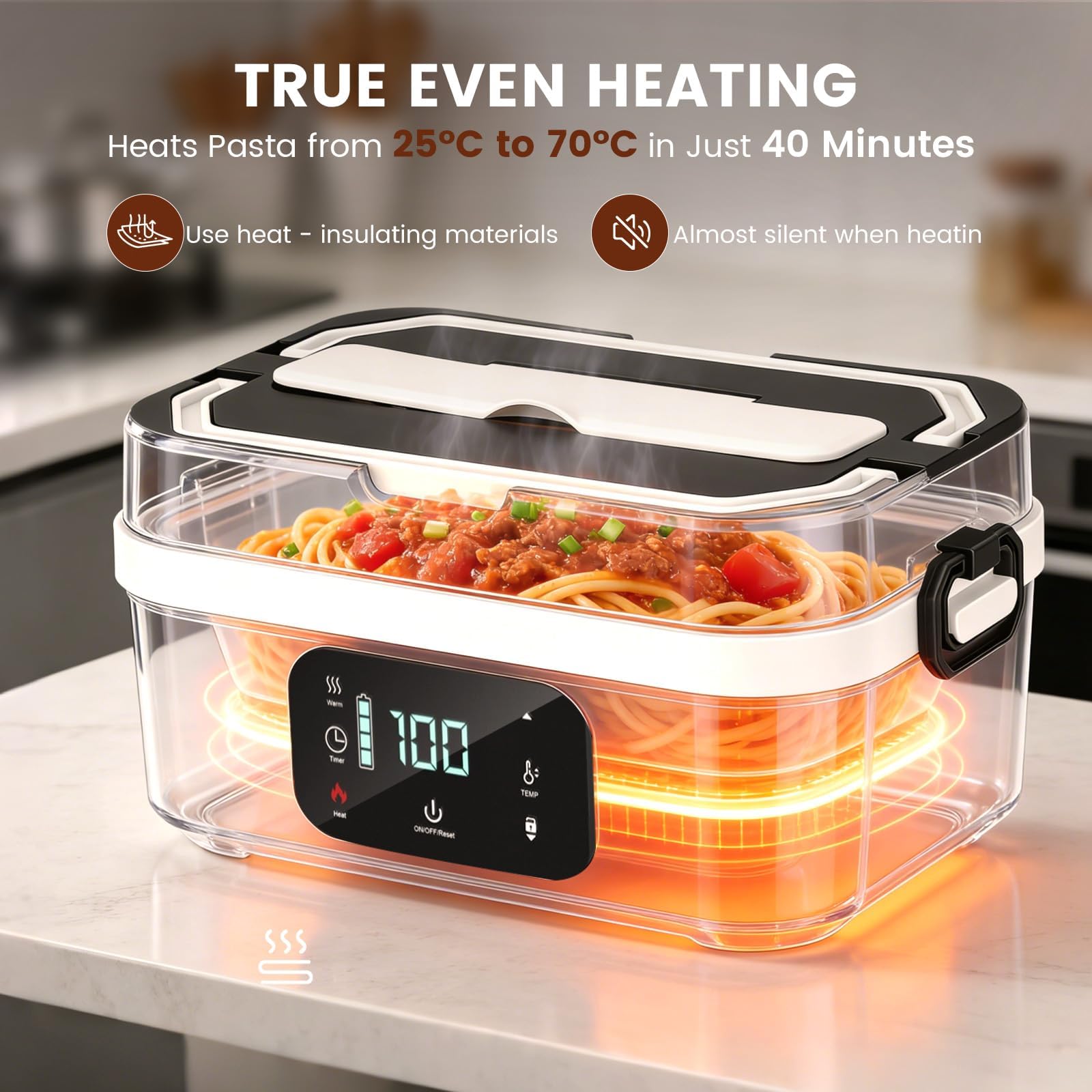 Ciotola riscaldata a batteria 30000 mAh, 100 W, contenitore riscaldante ricaricabile 1,3 l, in acciaio inossidabile, con contenitore riscaldante per pasto con timer, sacchetto isotermico posate