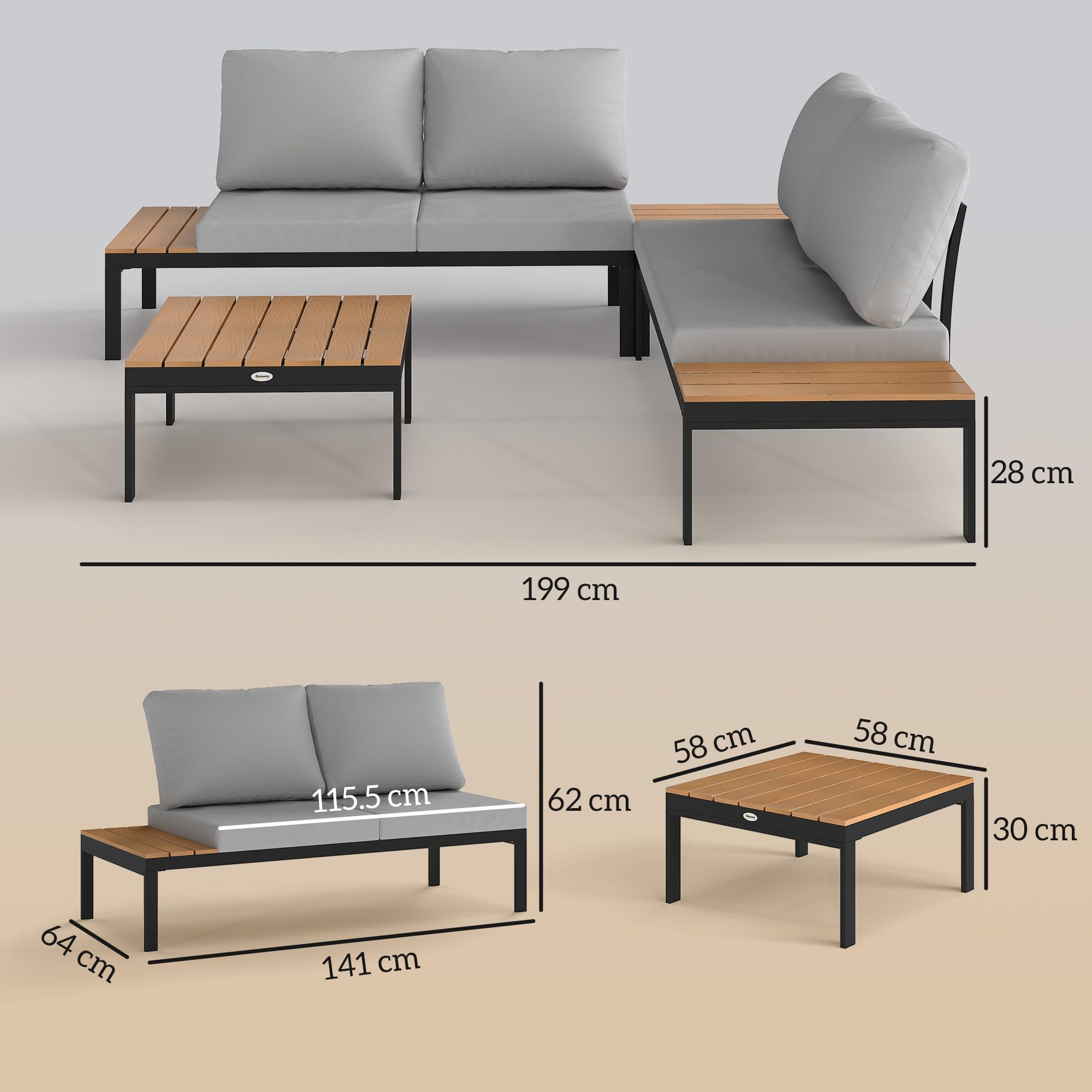 Outsunny Set Salotto da Giardino 4 Pezzi, 2 Divanetto 2 Posti, 2 Tavolini Caffè Quadrati, Legno e Cuscini Sfoderabili, Metallo e Legno Composito, Teak