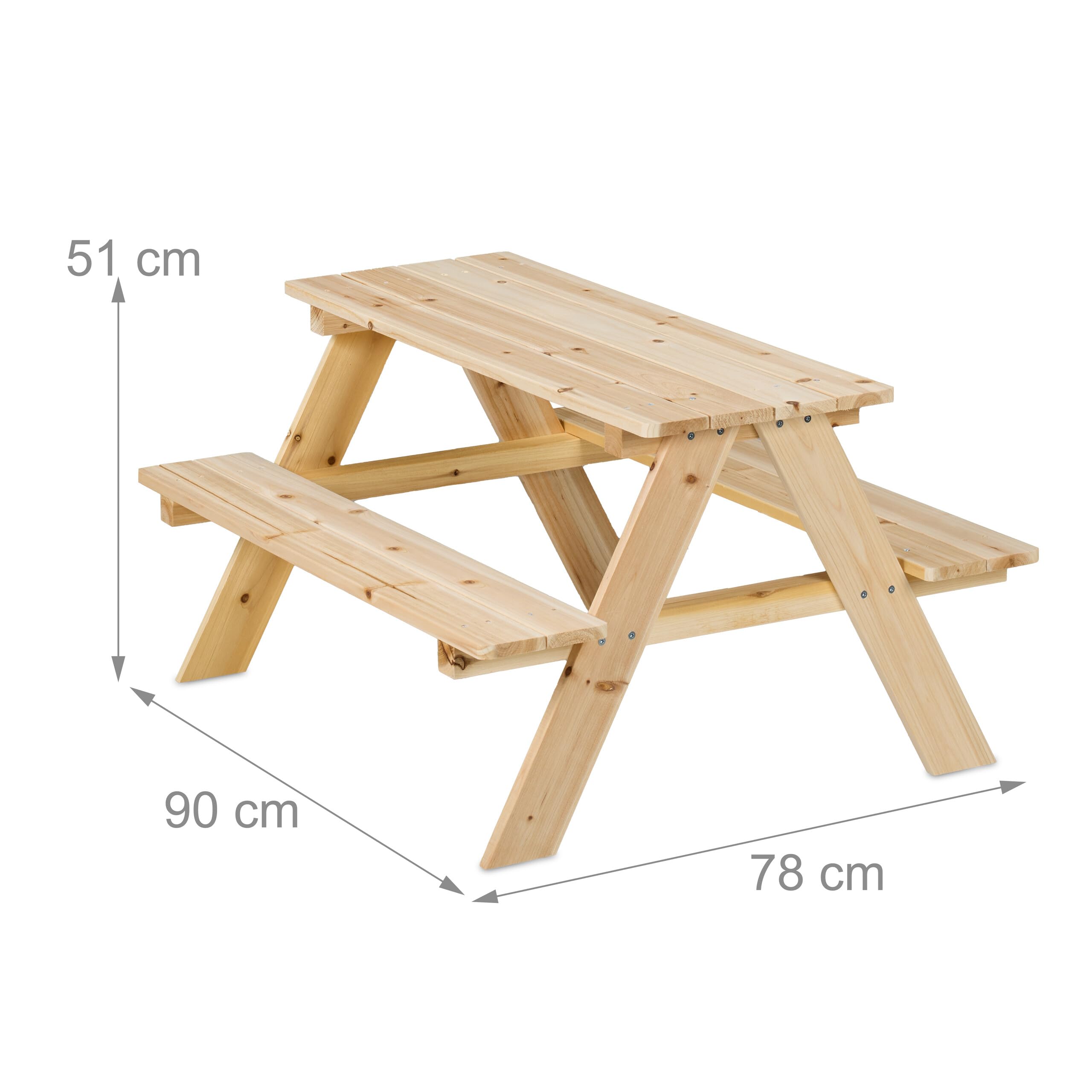 Relaxdays Mesa Pícnic Infantil, Banco Jardín Niños, 51 x 90 x 78 cm, para Jugar, para 4 Infantes, Madera, Natural