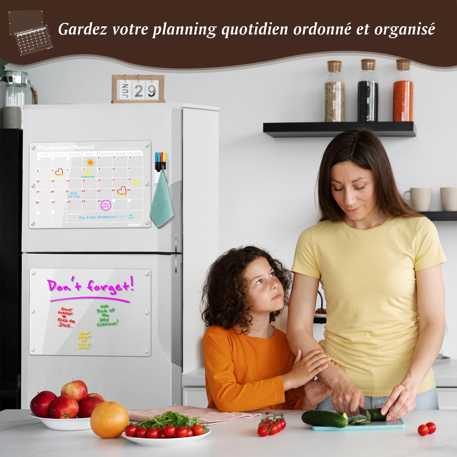 2 Pack Tableau Calendrier Magnetique Frigo en Français, 42 x 30 cm Acrylique Planning Mensuel Effaçable et Tableau Magnétique Frigo Transparent, 12 accessoires