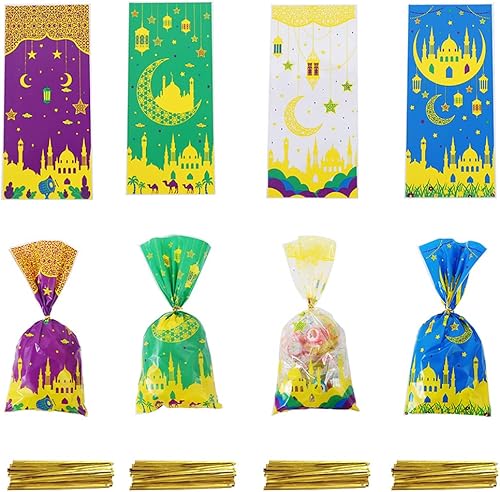 100 bolsas de celofán Eid Mubarak, bolsas de celofán de Ramadán Kareem, bolsas de regalo de celofán Eid Moon, bolsas transparentes de dulces de