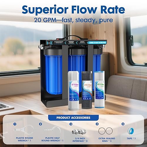Miniatura 4 de Sistema de filtro de agua para RV, sistema de filtración de agua RV de 0.01 micrones, filtración de 5 etapas PP+CTO+UF, filtra sedimentos, cloro,