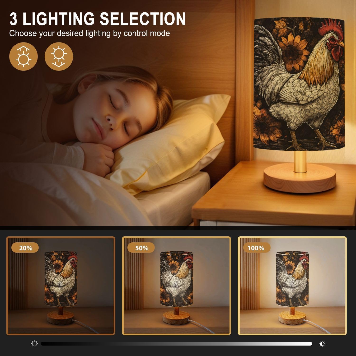 Bedside Table Lamp Stained Glass Rooster Sunflowers Art 16-Way Dimmable Small Desk Lamp with Round Flaxen Fabric Shade for Nightstand Bedroom Living Room Home Decor