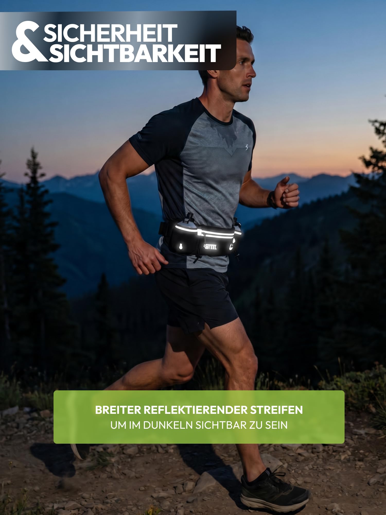 Laufgürtel, Hüfttasche, Sportgürtel mit weicher Flasche, wasserdicht, für Herren und Damen, für Smartphone, iPhone, Samsung Galaxy, bequem, Jogging, Fußball, Wandern (SCHWARZ (News))