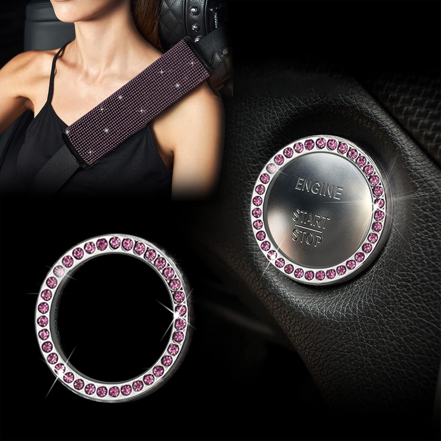 11 Pcs Car Decoration Set,Bling Car Decoration Set for Women,Universal Fit 15 Inch,Rhinestone Center ConsoleCover(Pink)