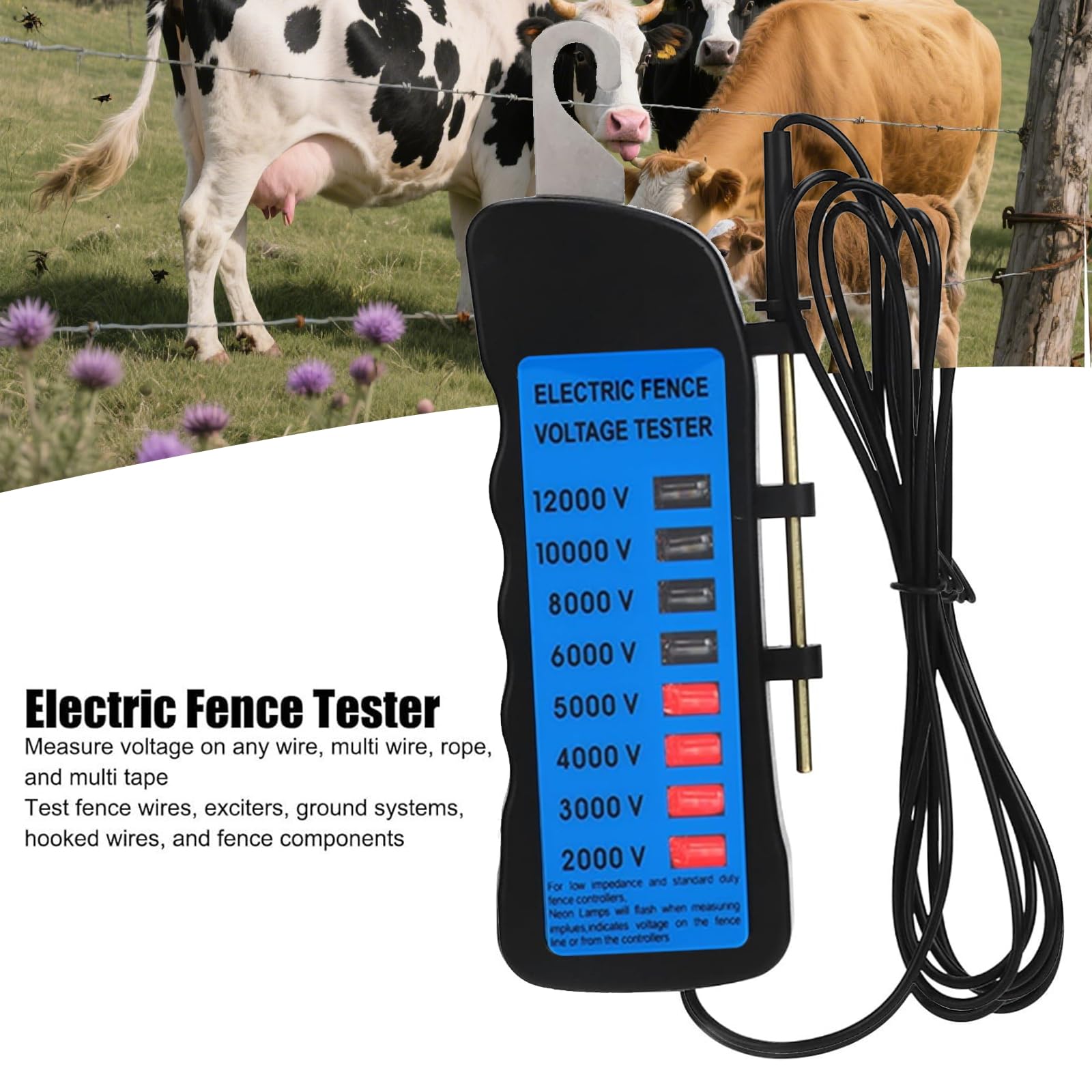 12 kV Spannungsprüfer für Elektrozaun, hochpräziser Zauntester, 8 Neon-Kontrollleuchten/tragbarer leichter Zauntester, geeignet für Nutztiere, Obstgartenzäune und temporäre Sicherheitswerkzeuge