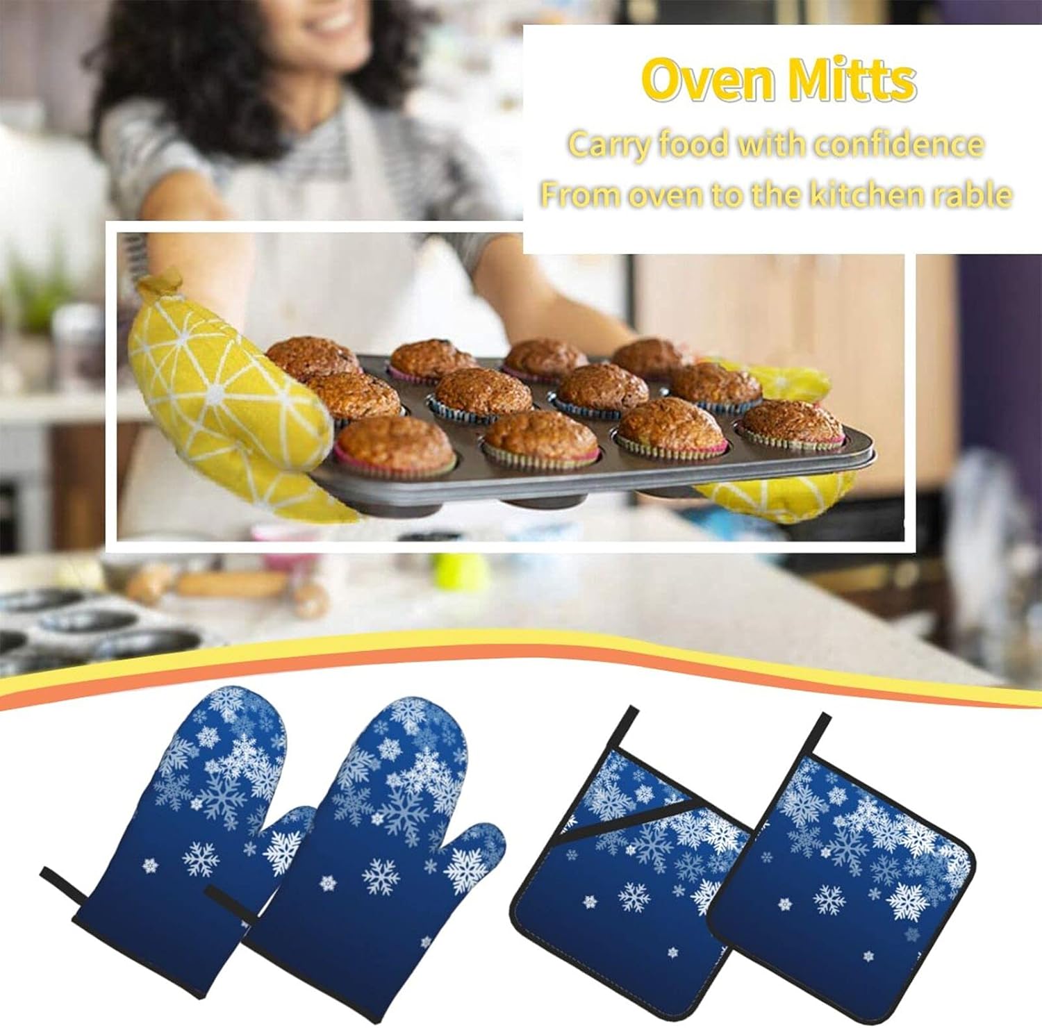Oven Mitts and Pot Holders Sets of 4 Snowflake Blue Winter Christmas Kitchen Potholder Gloves Heat Resistant Non-Slip for Chef Baking Cooking Grilling BBQ Mittens