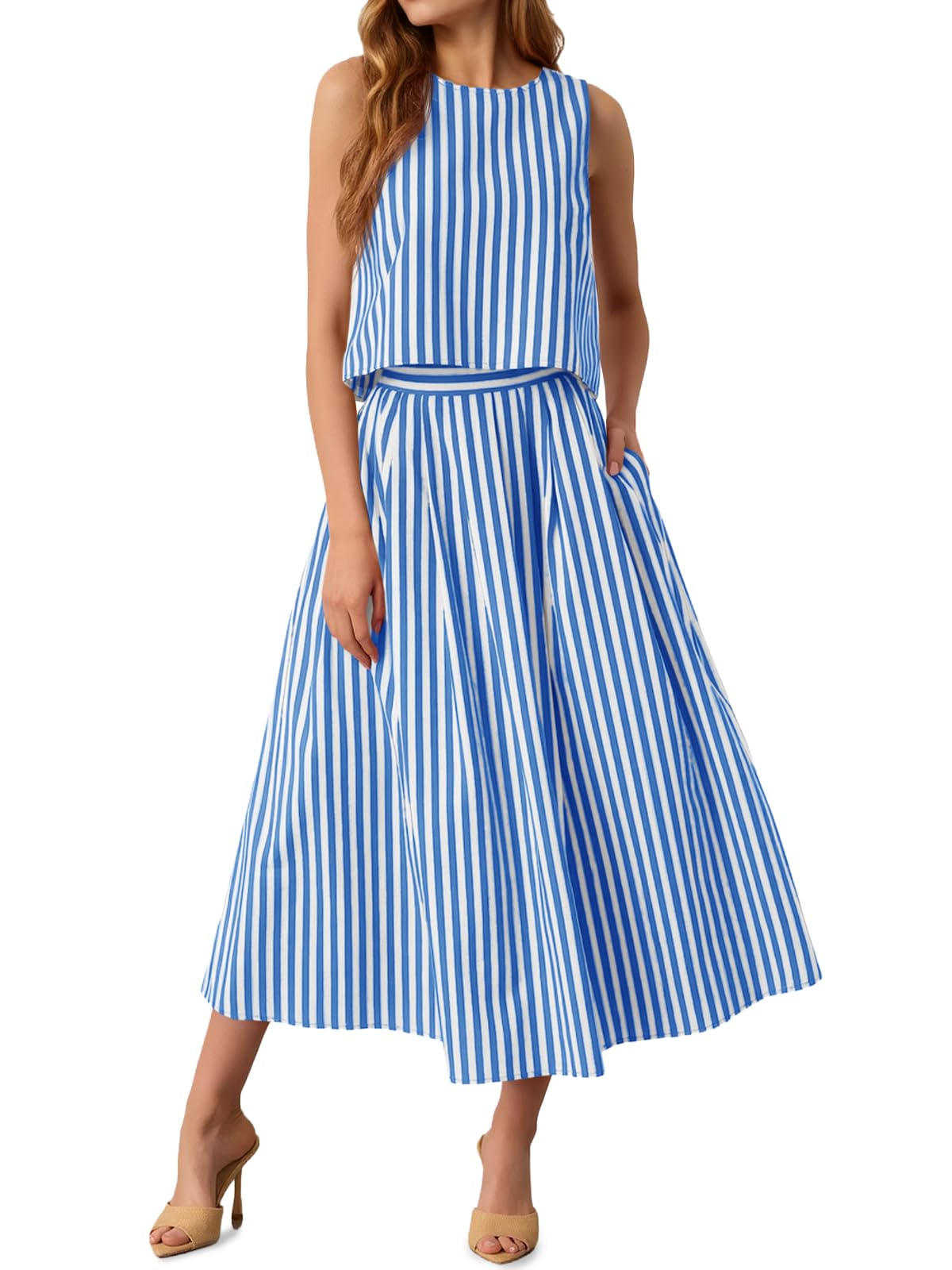 Tankaneo Womens 2 Piece Skirt Sets Summer Striped Tank Tops Midi Dress 2026