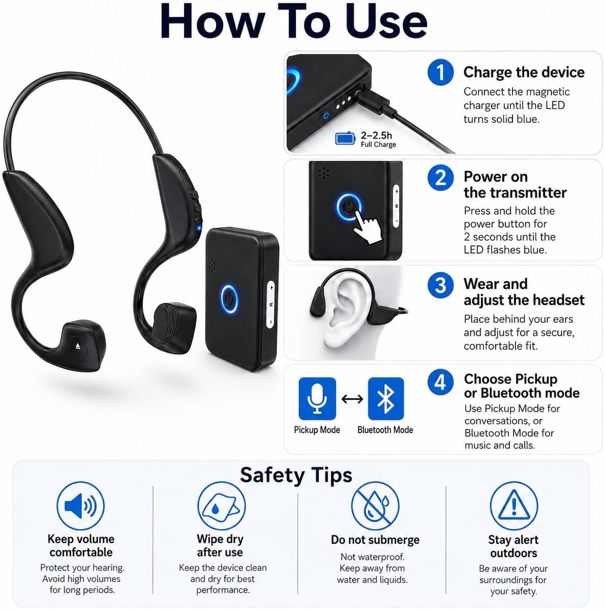 Auricolari Amplificatori audio a conduzione ossea Auricolari Design Bluetooth 22g Amplificazione del suono personale 10 ore di durata della batteria
