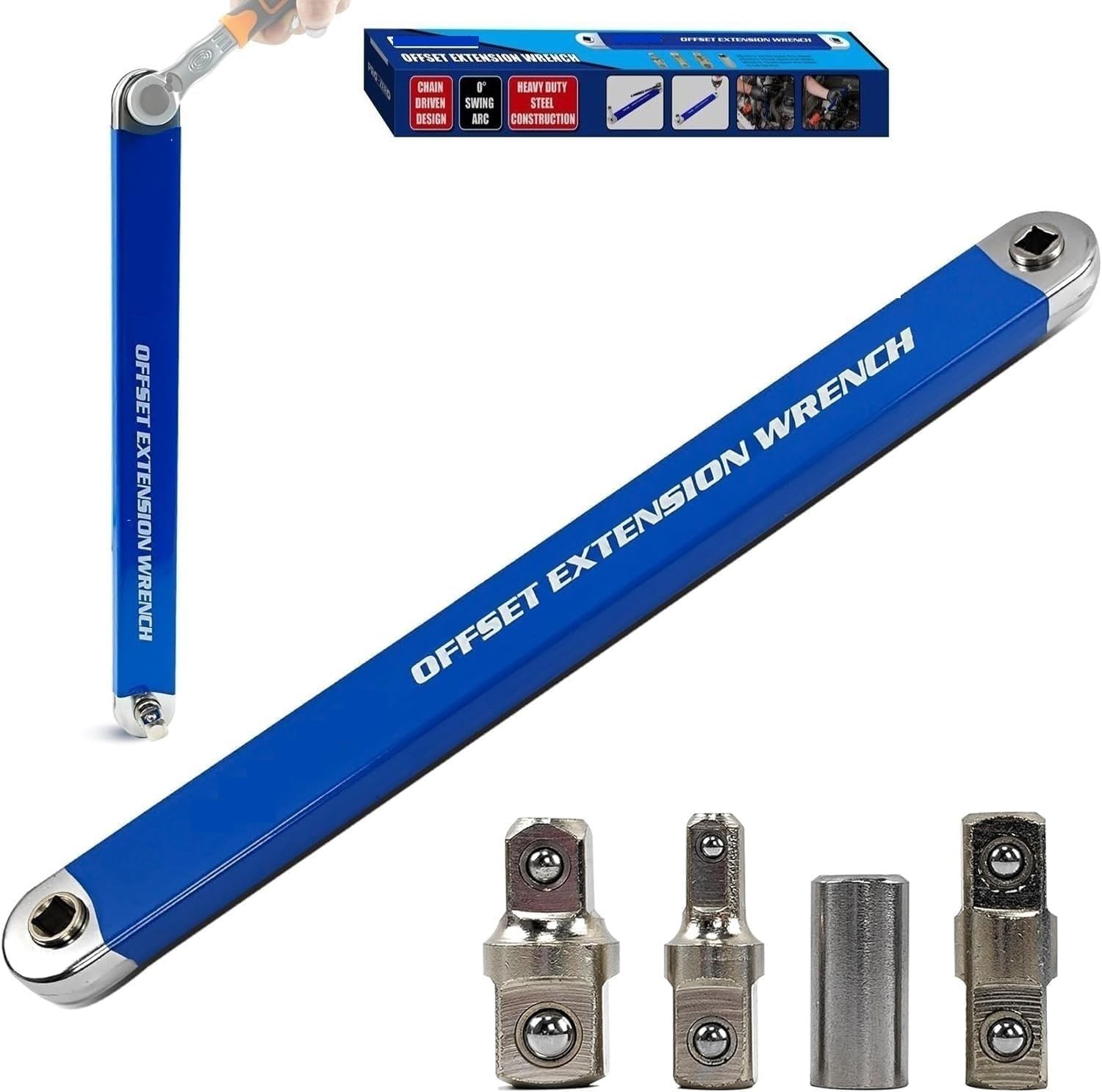 Offset Extension Wrench – High Carbon Steel Ratchet Spanner Extender With 1/2in, 1/4in & 3/8in Drive Adapters