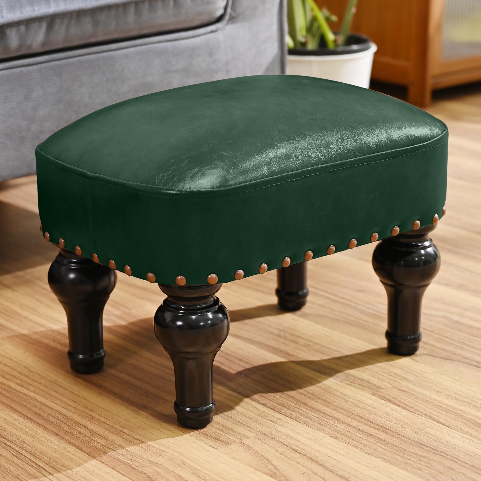 Leather Ottoman Footrest, Rustic Foot Stool, Wood Footstool, Rectangle Footrest Small Ottoman for Bedroom, Living Room, Office, Entrance Hall - Deep Green