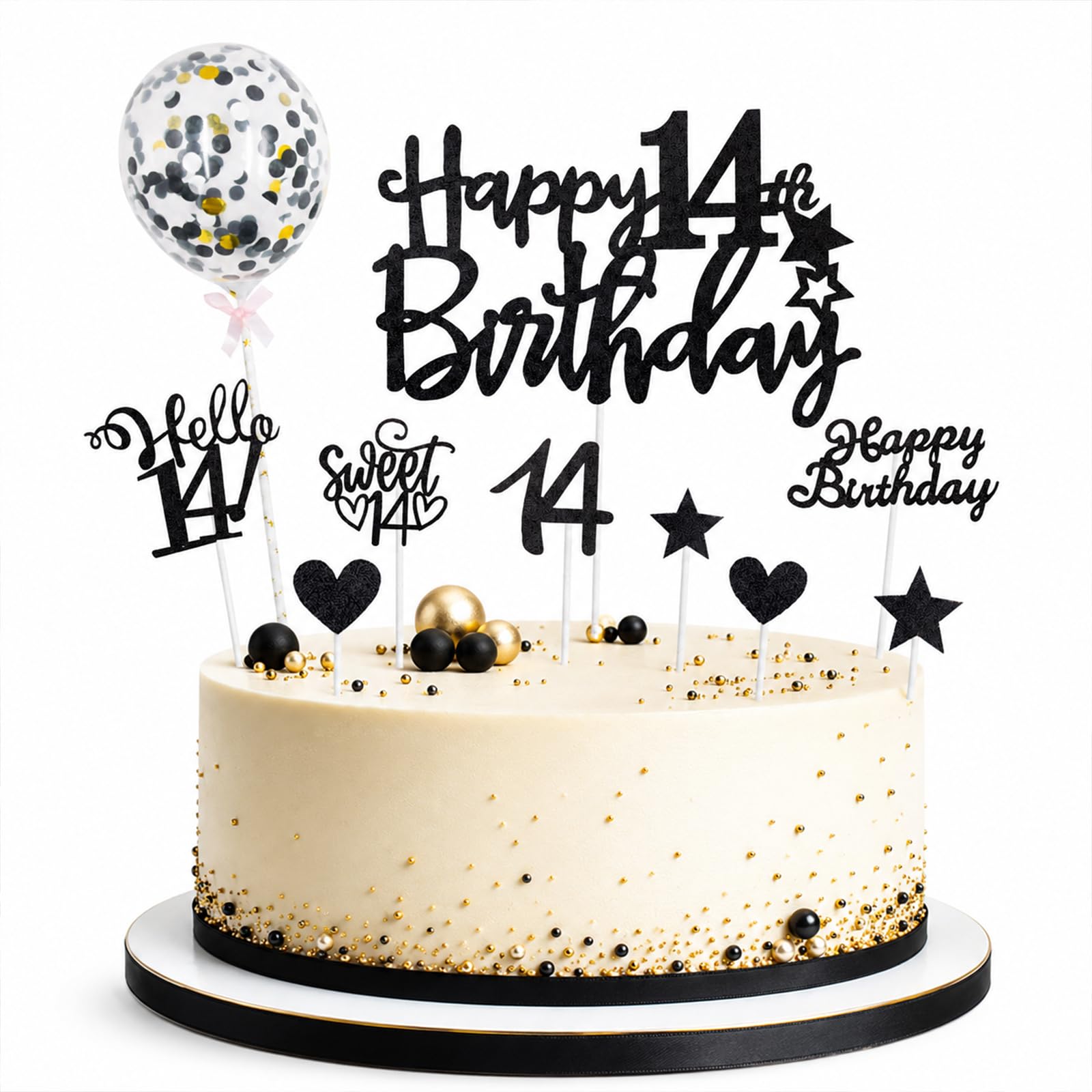 ALLAVA 10Pcs Happy 14th Birthday Cake Topper Set, Black Glitter 14 Cake Decorations with Stars & Hearts, Teenage Birthday Party Supplies for Boys Girls, 14th Bday Cupcake Toppers for Anniversary Cakes