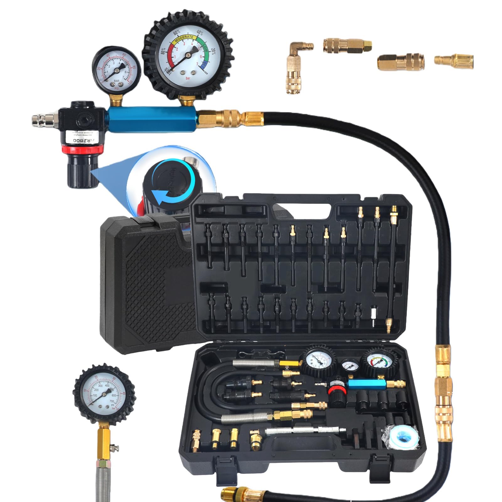46 Piezas Kit de Comprobador de Compresión Automotriz con Indicador de Doble Dial Comprobador Compresión para Gasolina y Diésel Comprobador de Fugas de Cilindros para HDi, TDCi y Bomba (PD)