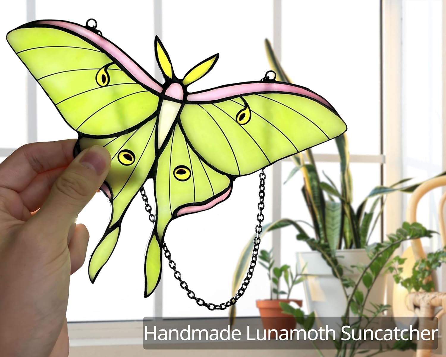 Luna Moth Stained Glass Window Hanging - Handmade Suncatcher Real Glass - Light Green Butterfly Light Catcher Elegant Gifts for Mother, Women, Grandma (Gifts-Box provided) - Image 4