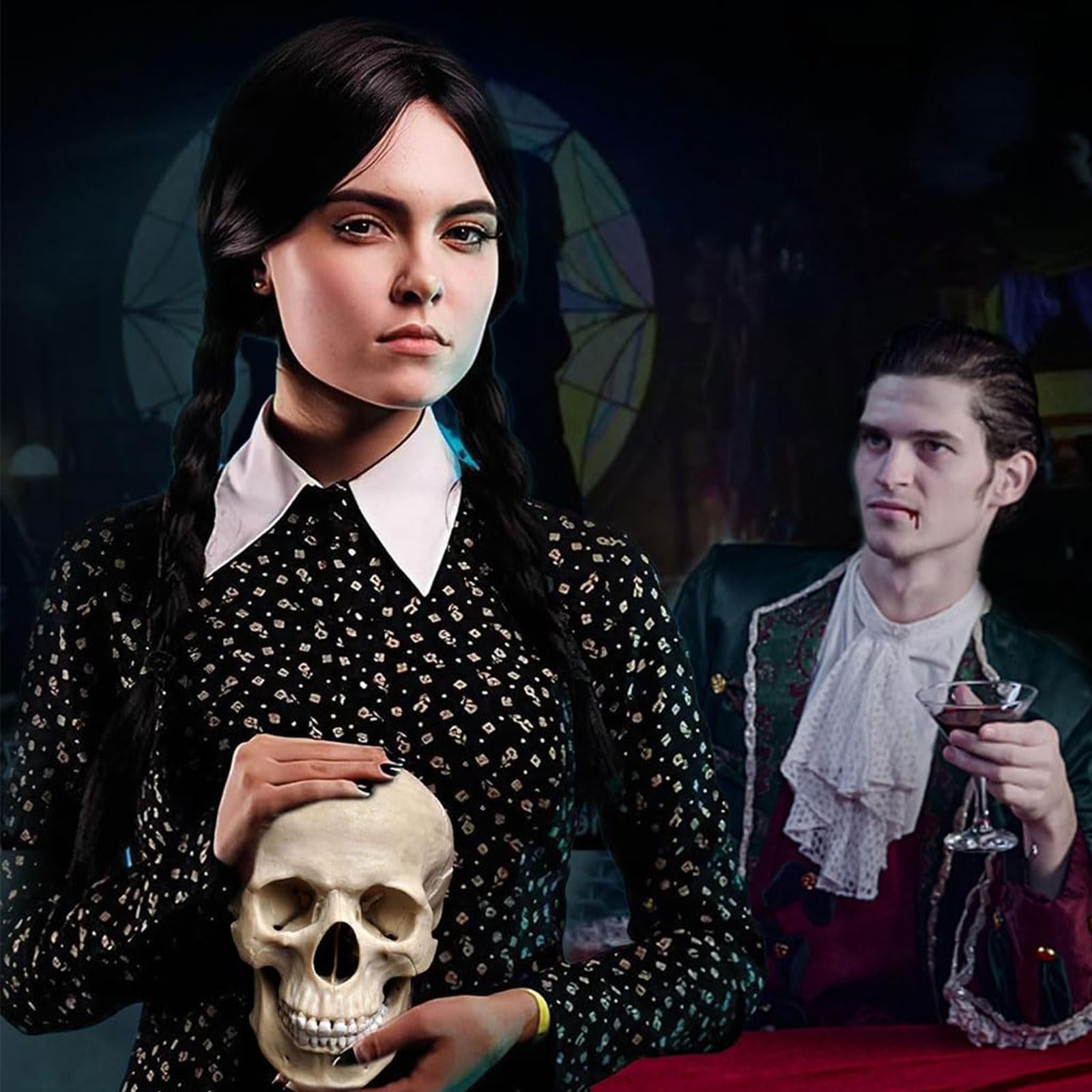 Parrucca Donna Addams, Halloween Parrucca Nera Lunga Intrecciate per Costumi Cosplay