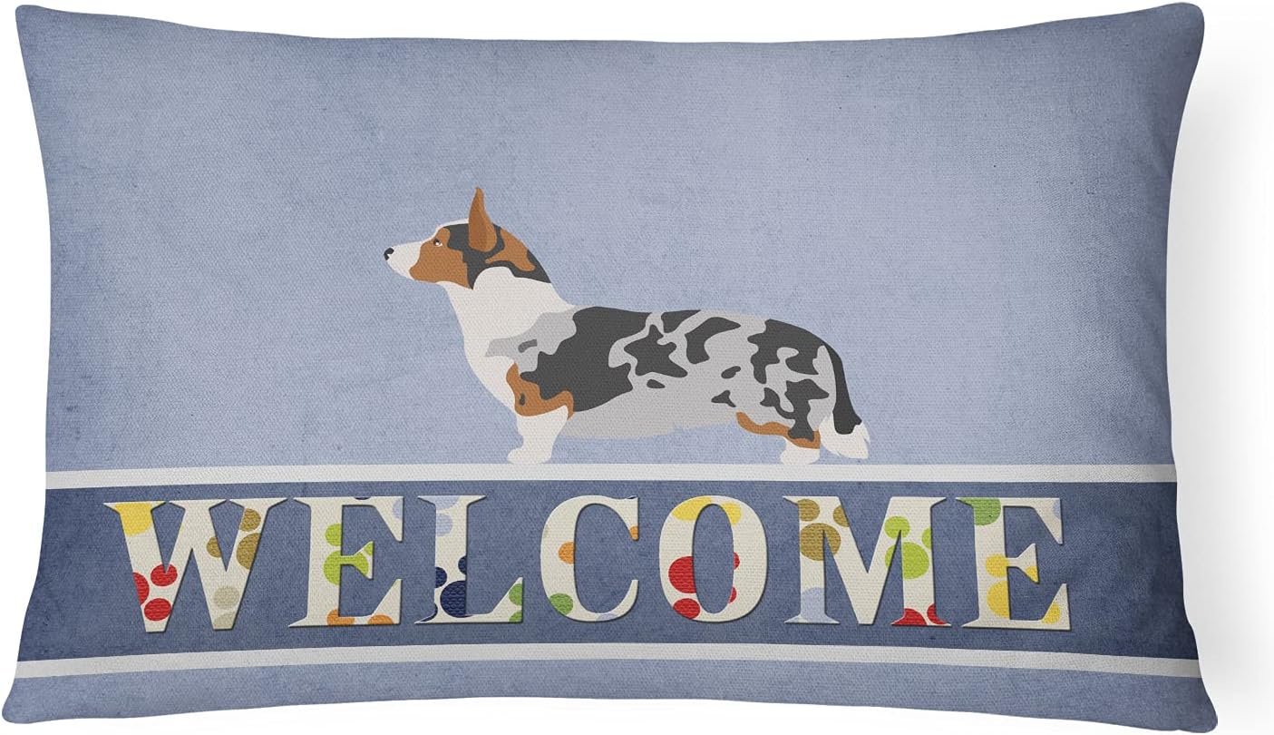 Caroline's Treasures BB8313PW1216 Welsh Corgi Cardigan Welcome Canvas Fabric Decorative Pillow, Blue Machine Washable, Indoor Outdoor Decorative Pillow for Couch, Bed or Patio, 12HX16W