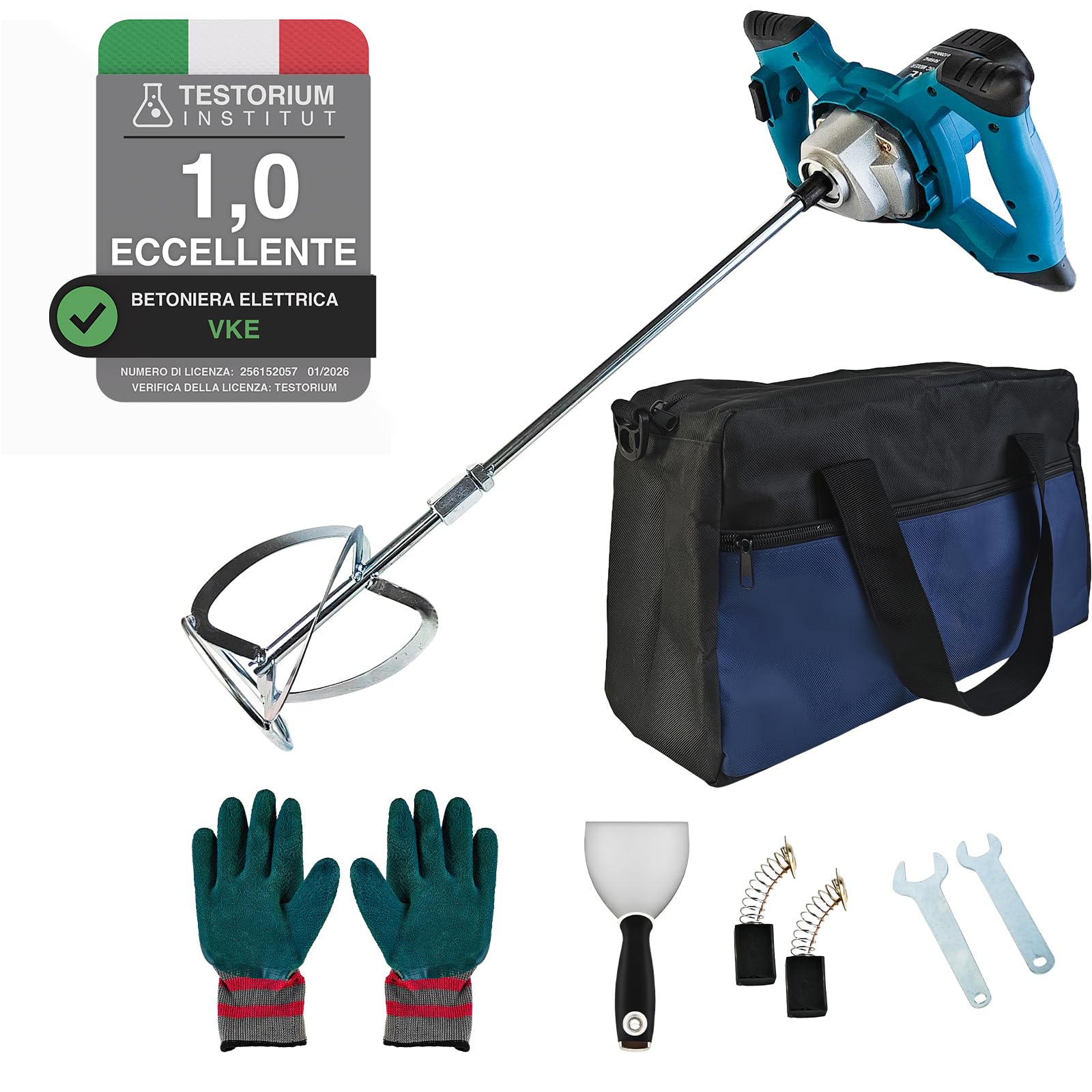 VKE Miscelatore per Malta 2400W, Cambioa 6 Marce con Borsa per il Trasporto | Max. 1200 giri/min con Pulsante di Velocità Fissa per Calcestruzzo, Malta, Fango, Vernice, Gesso e Stucco