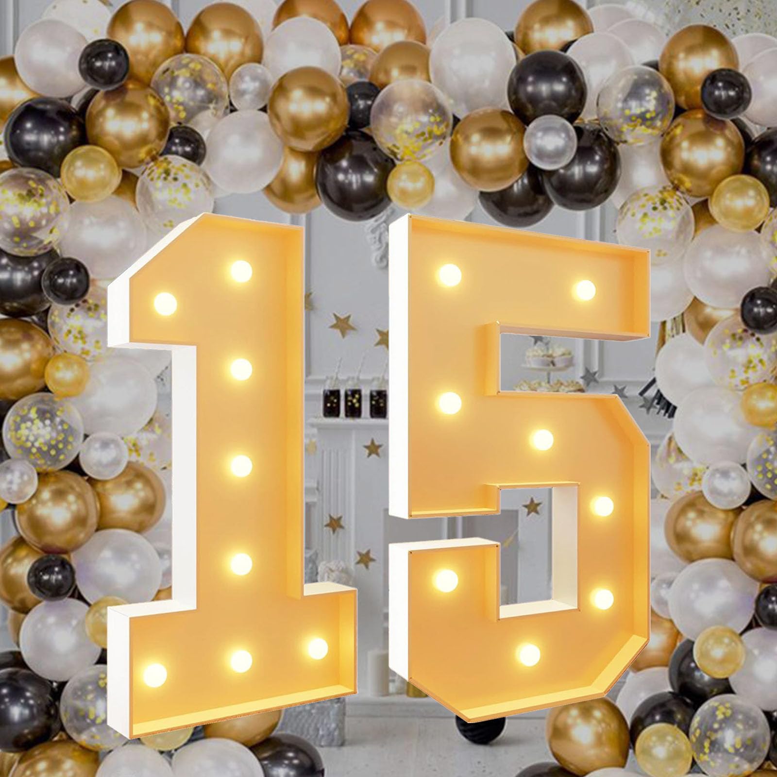Marquee Light Up Number 15, Giant LED Light Sign Warm White Glowing Mosaic Light Pre-cut Foam Decor for Birthday Proposal Wedding
