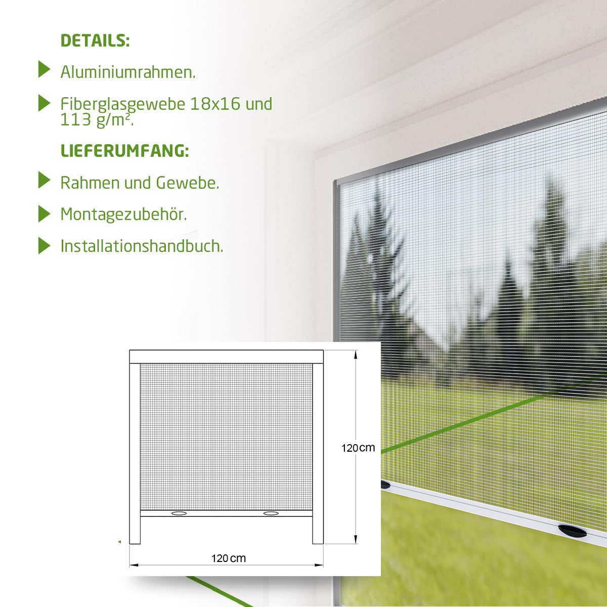 Amig - Aufrollbares Moskitonetz für Fenster | Weißes Aluminium und graues Glasfasernetz | Einfache Installation | Insektenschutz | 120 x 120 cm | Langlebig und atmungsaktiv