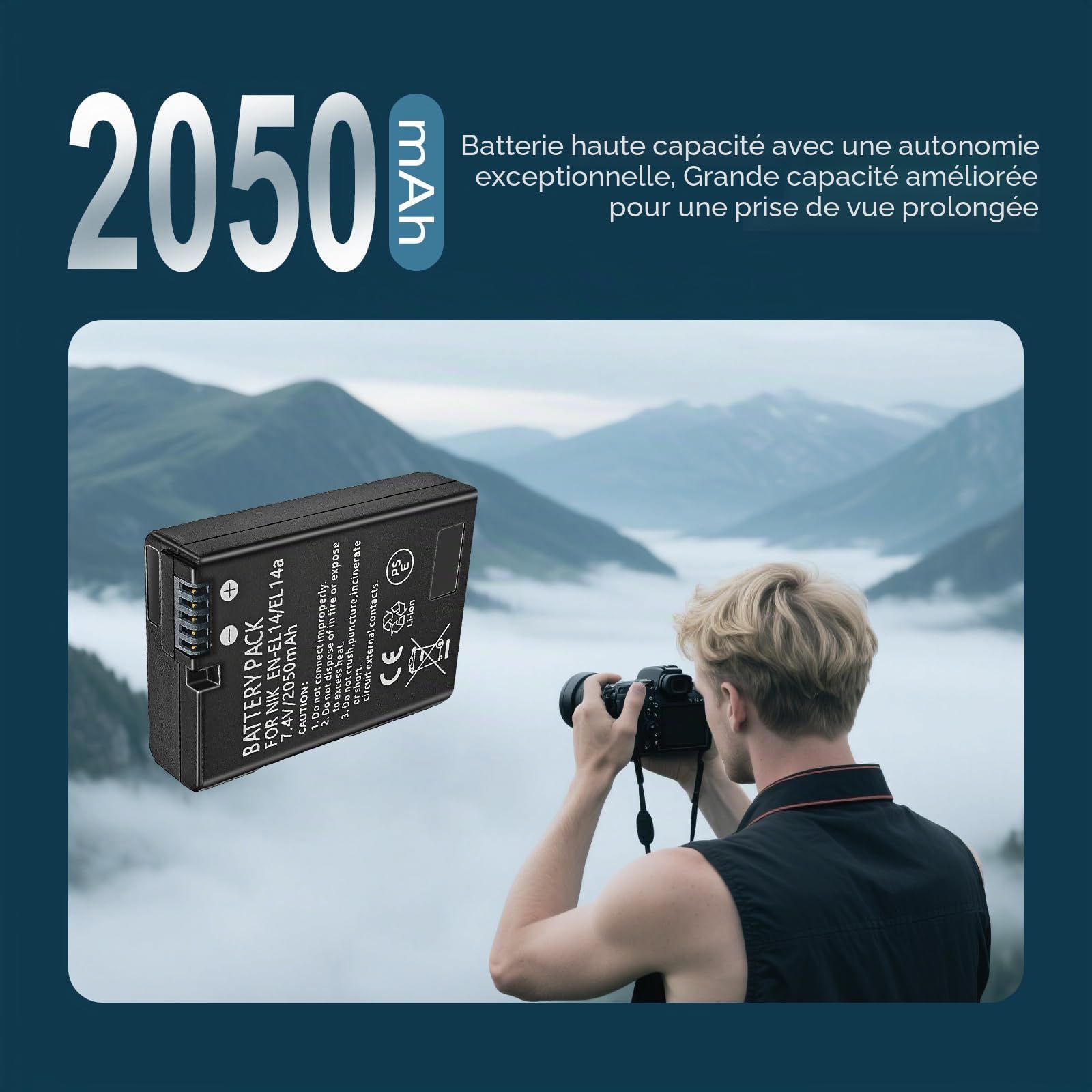 Batterie lithium-ion EN-EL14/EN-EL14a, 7,4 V 2050 mAh, compatible avec appareil photo numérique Nikon D3100 D3200 D3300 D3400 D5600 D5100 D5200 P7000 P7800