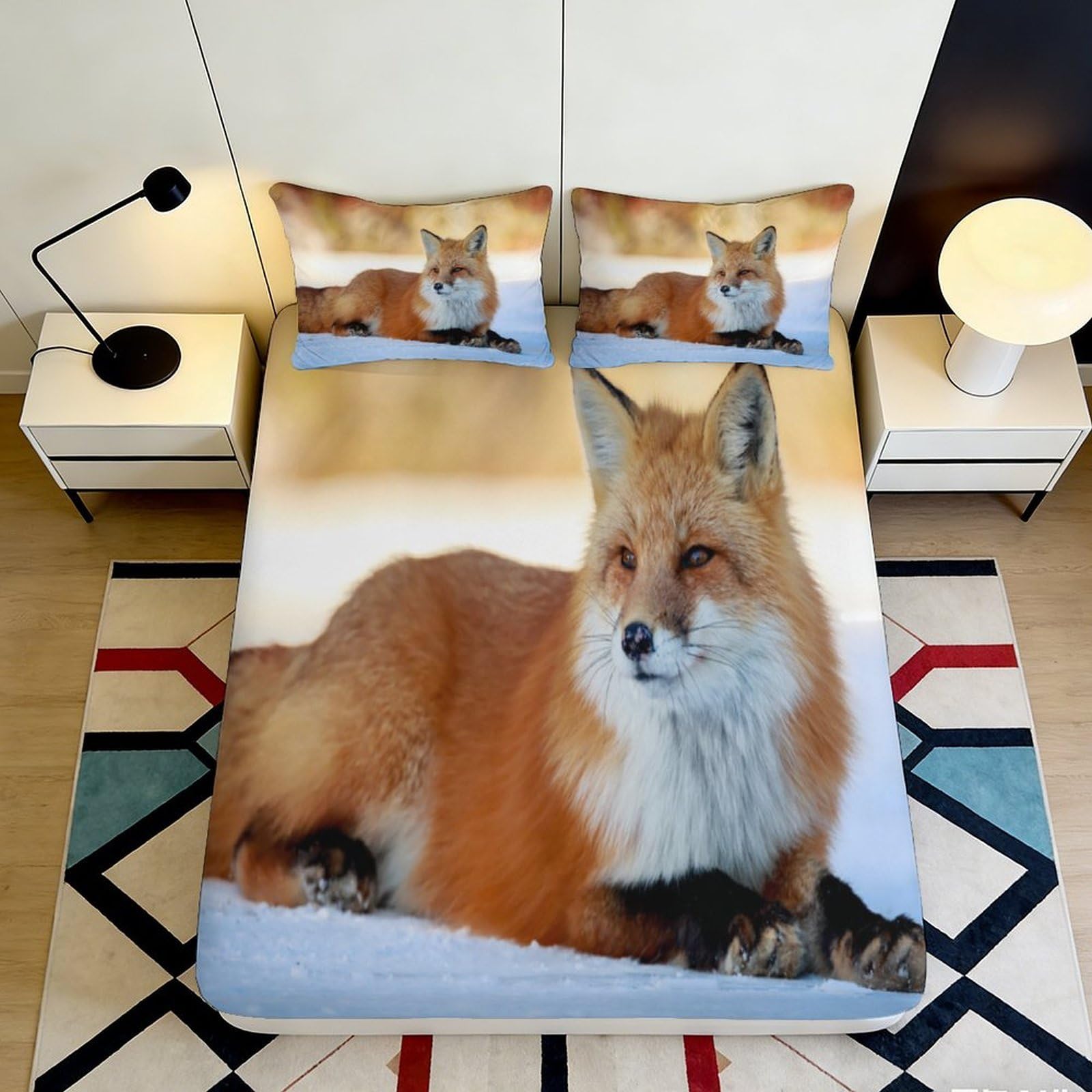 Pnayamiorkfel Style-1 3D Printed Red Fox Fitted Sheet Microfiber Soft Breathable Snow Landscape Mattress Cover For Bedroom Dorm Decor 90X200x25cm