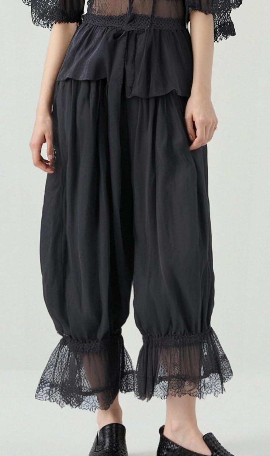 UAURORAO Women Lace Trim Long Bloomers Elastic Mid Rise Ruffle Pantaloons Cropped Flared Slips Pants Pajama Bottoms - Image 3