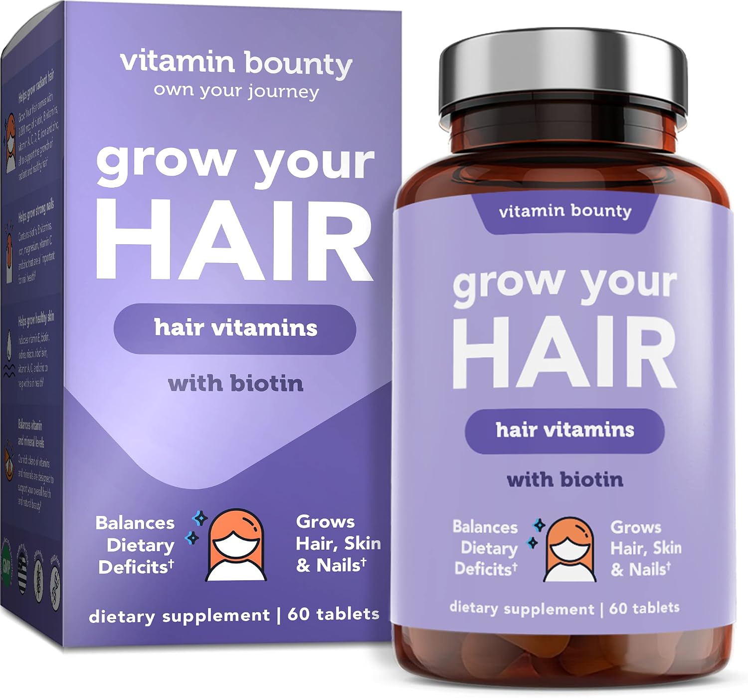 Vitamin Bounty Grow Your Hair - Natural Hair Growth Vitamins, Hair Vitamins for Hair Loss for Women, Hair Vitamins for Faster Hair Growth, Hair Regrowth, Thicker Fuller Hair - 60 Tablets, 1 Pack