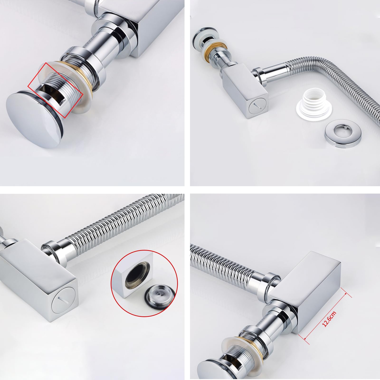 Siphon Waschbecken mit Pop Up Ablaufventil,Ablaufventil mit Überlauf,Geruchsverschluss,Höhenverstellbar,Flexibel Ausziehbar,Chrom