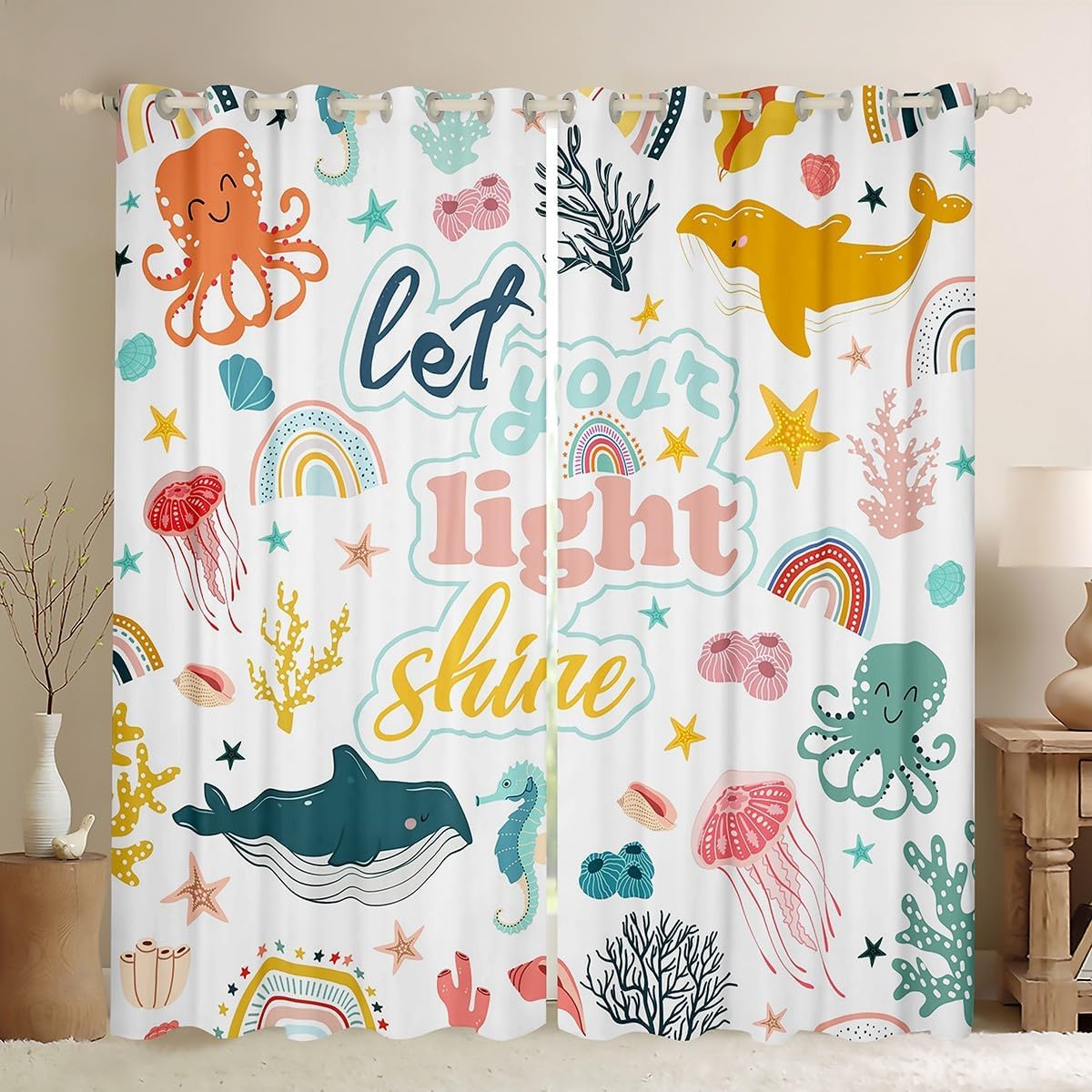 Manfei Marine Animal Kids Blackout Curtain,Whale Seahorse Octopus Jellyfish Coral Window Drapes for Boys Girls,Cartoon Stars Rainbow Colorful Window Treatments Grommet Top 2 Panel Set,42Wx84L inch