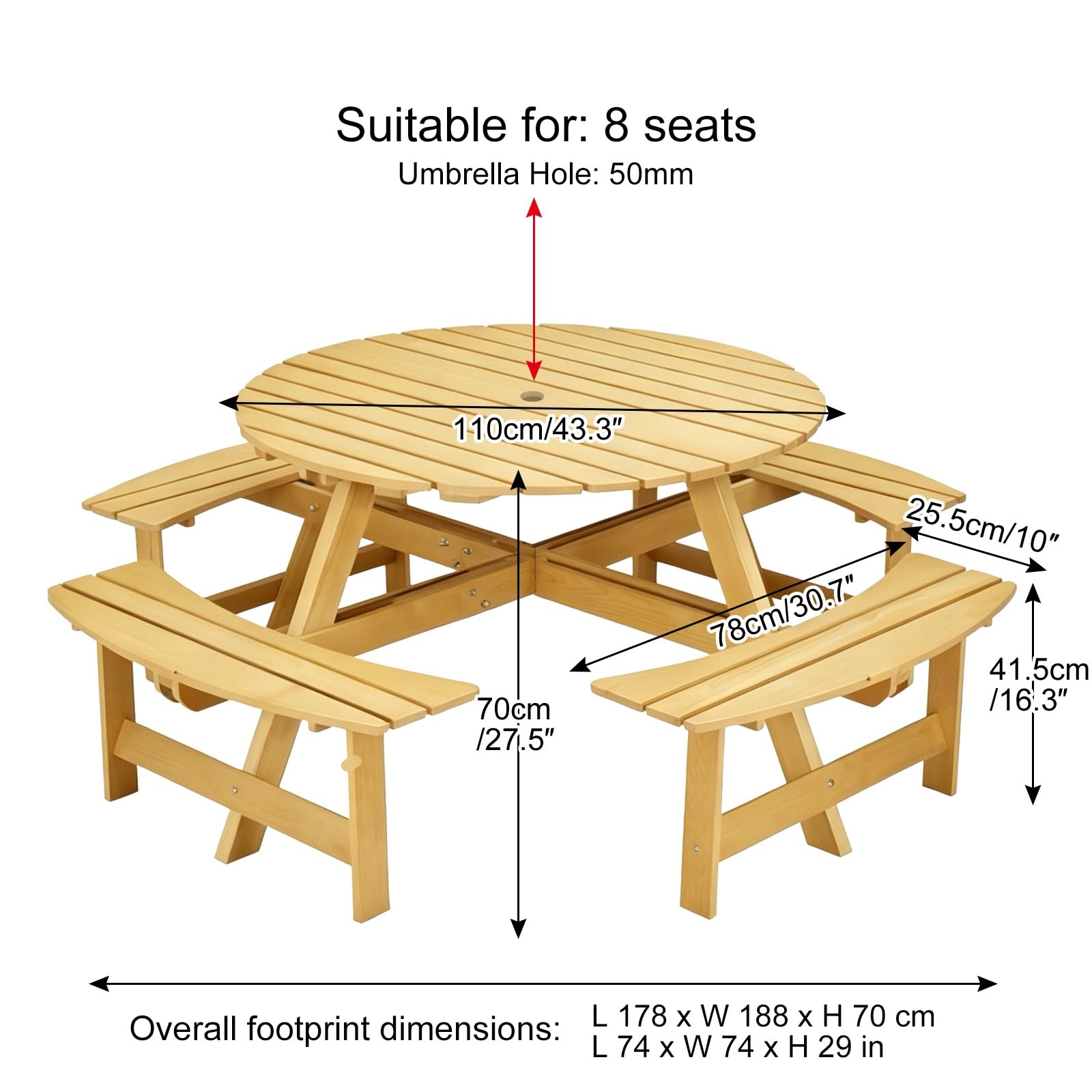 Tavolo da Picnic Rotondo In Legno Massivo for 8 Persone con 4 Panche Curve, Resistente Set da Pranzo Esterno con Foro for Ombrello, Tavolo da Giardino Impermeabile for Cortile(Natural)