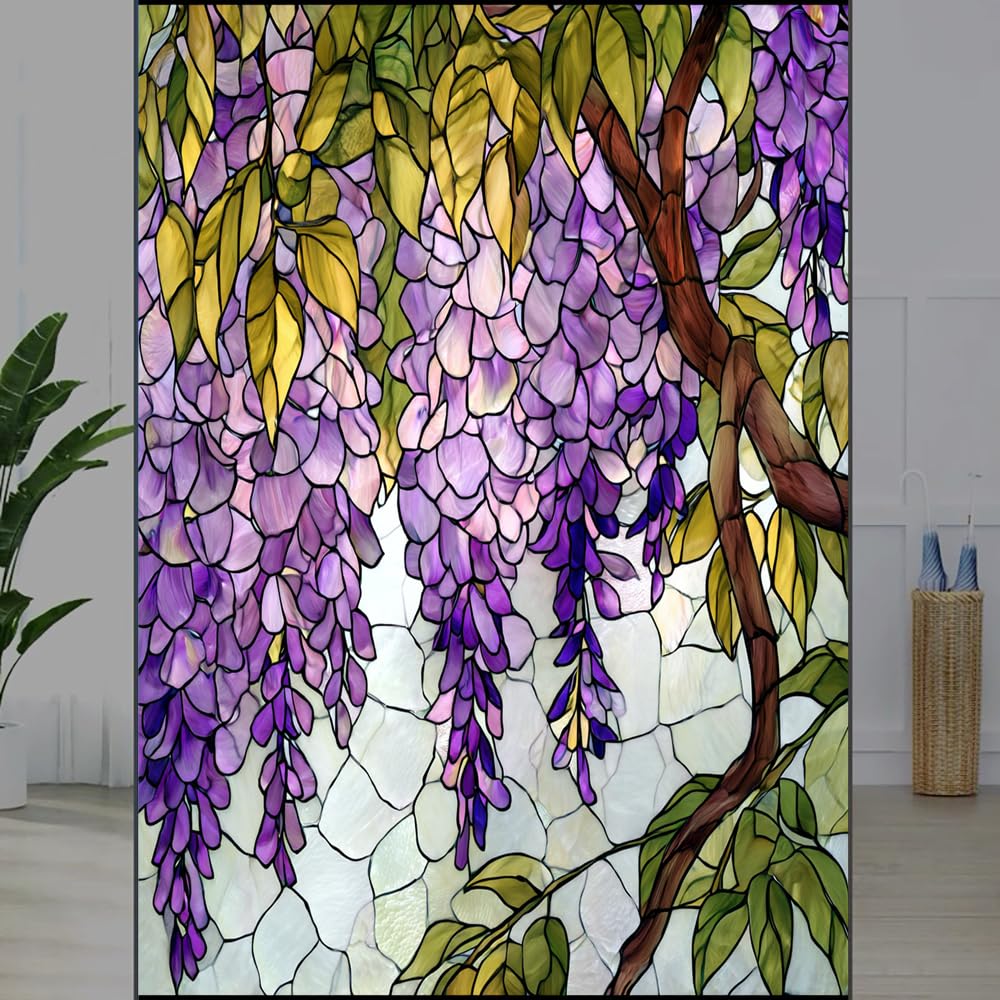 FOCCAFB Retro Flowers Leaves Stained Glass Window Film, Wisteria Plants Botanical Peel and Stick Privacy Film, Frosted Adhesive Vinyl Decorative for Bathroom Windows Glass Doors, （40x80cm）