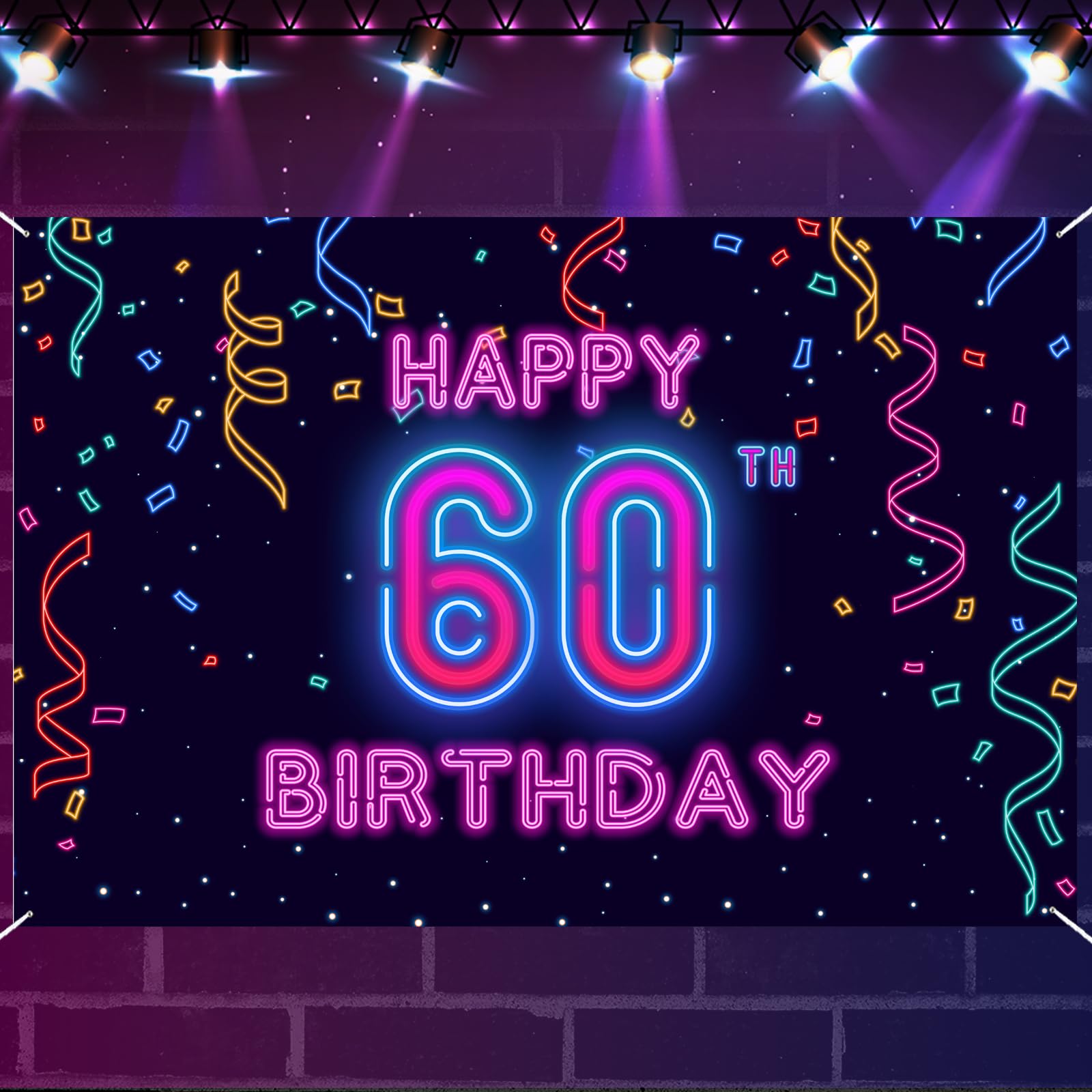 60th Neon Happy Birthday Banner Let’s Glow Banner Backdrop Decorations for Girls Boys Women Men Cheer to 60 Years Neon Themed Birthday Party Photography Background Glow Party Supplies