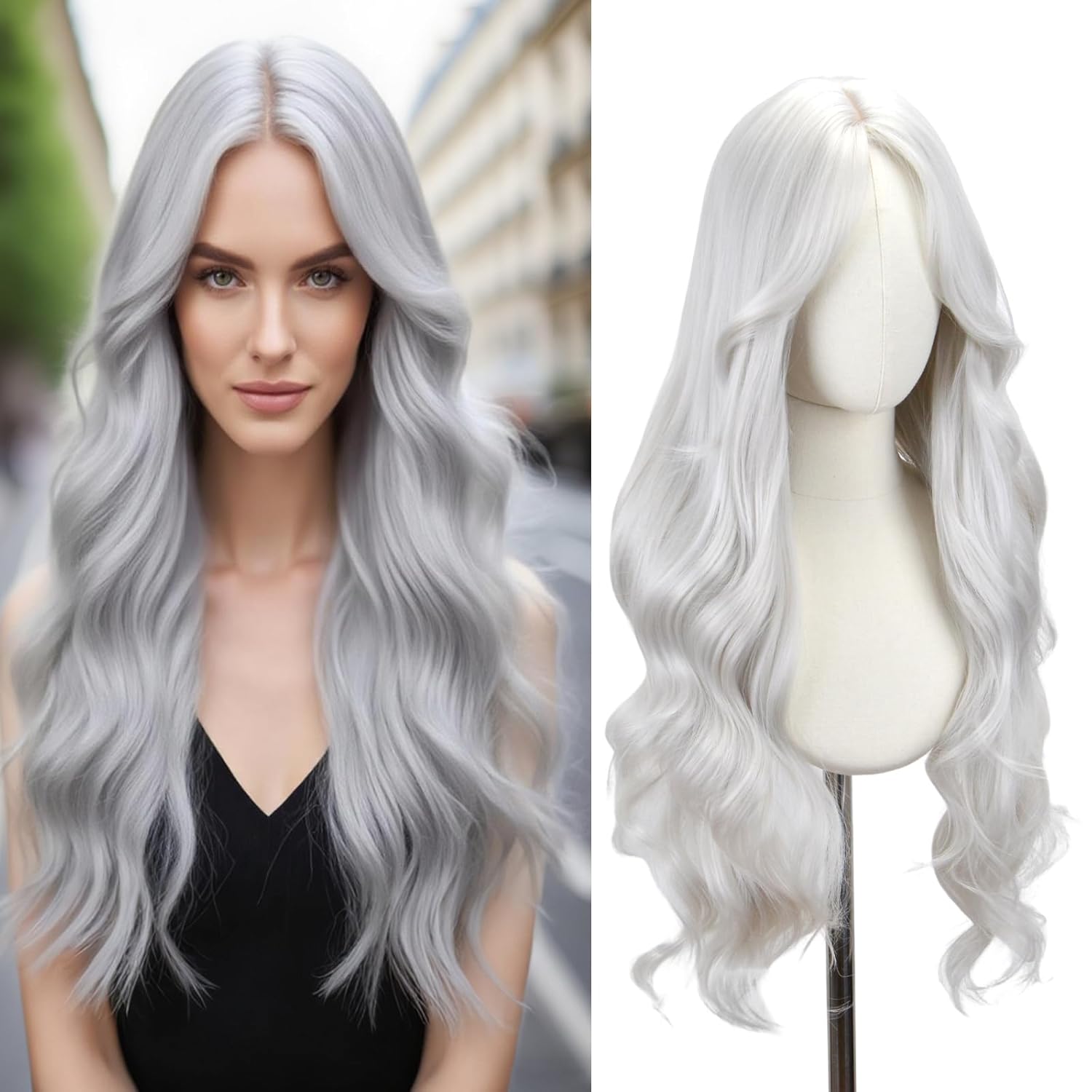 STYLER Silver Middle Part Wig with Bangs for Women -26 Inch Long Wavy Silver Wigs Synthetic Heat Resistant Hair Natural Looking Wigs for Daily Use Halloween Christmas Cosplay Party