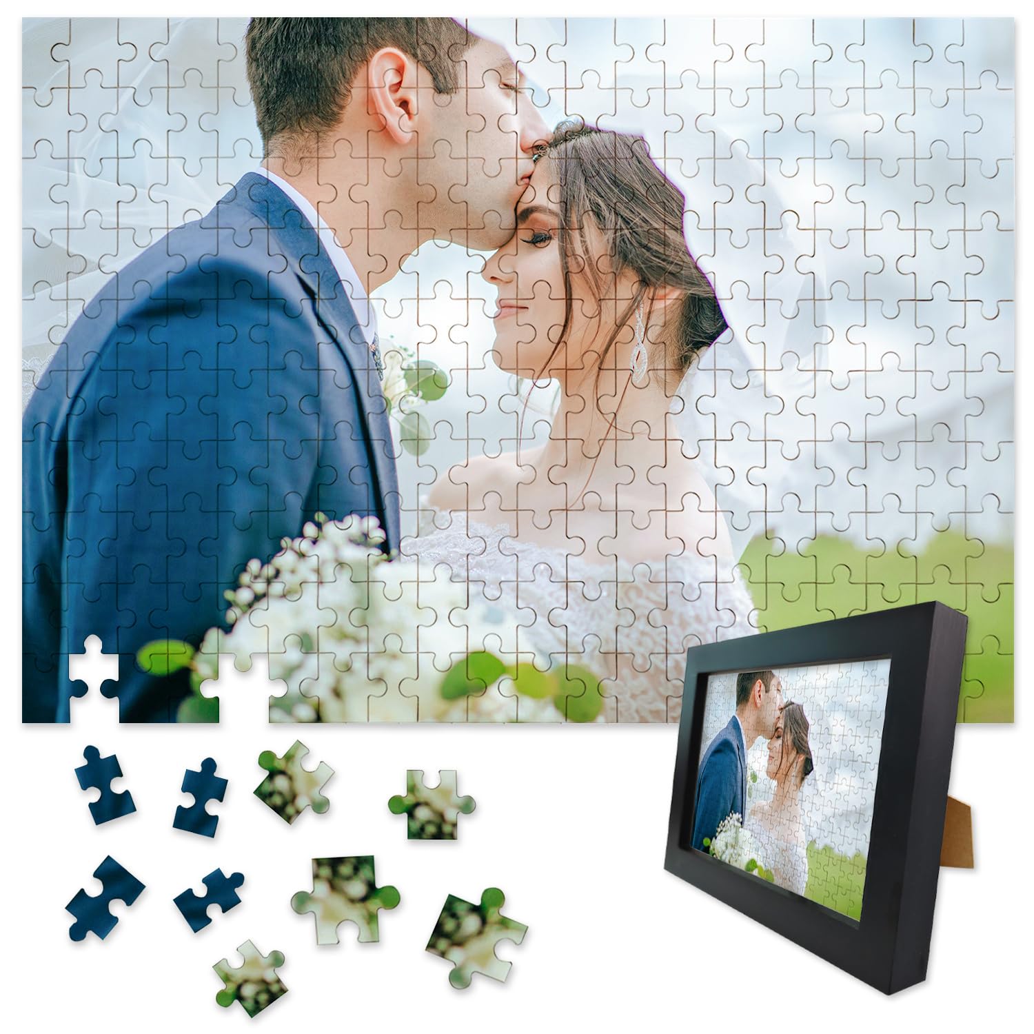 Personalised Jigsaw Puzzles for Adults 1000/500/300/200/70 Pieces,Wooden Custom Puzzle with Black Frame,Personalised Gifts for Family,Pet,Wedding,Birthday,Valentine's Day,Holiday Memory(300 PCS)