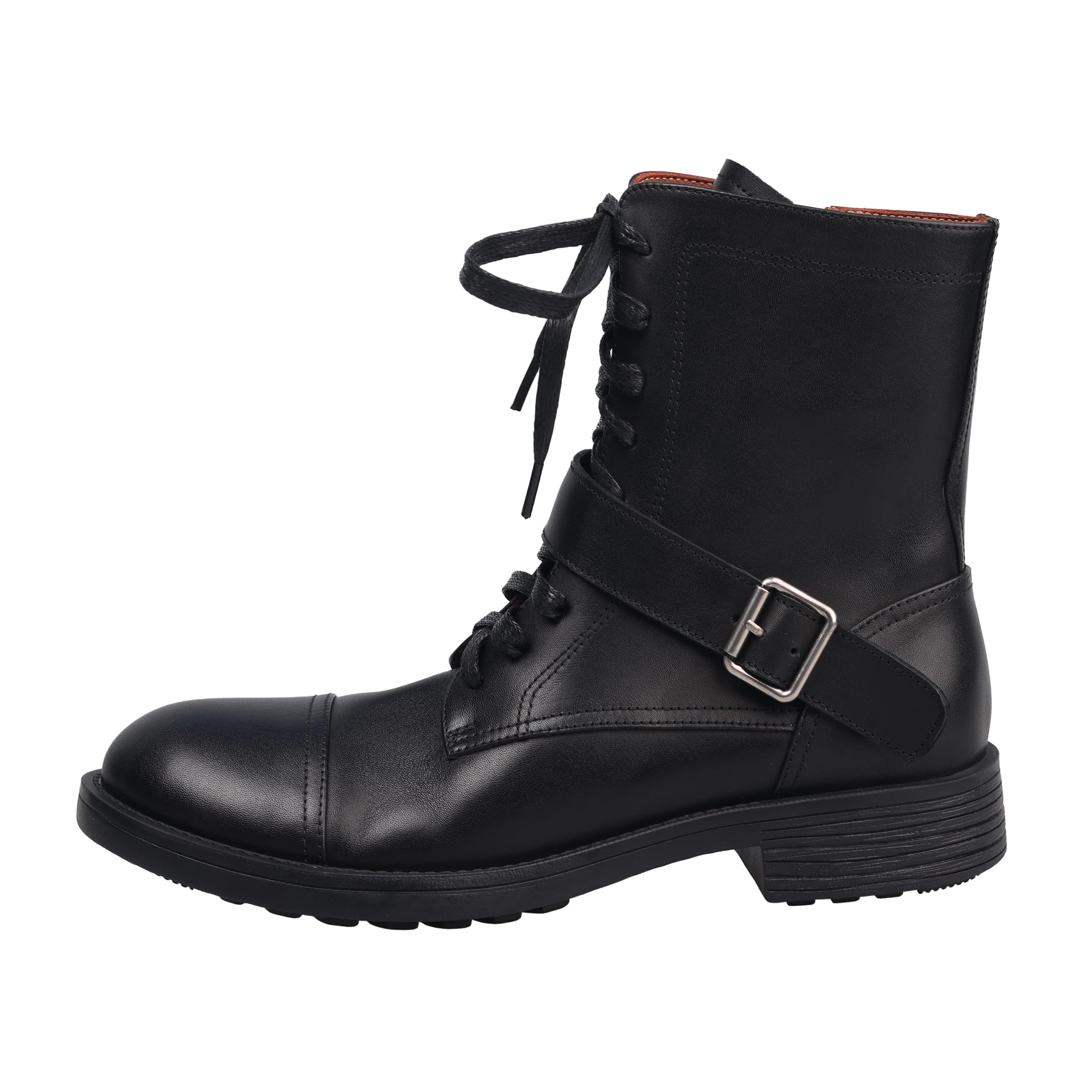 Womens Full Grain Leather Combat Boots Lace-Up Ankle Boot with Buckle Strap Side Zipper Black and Brown