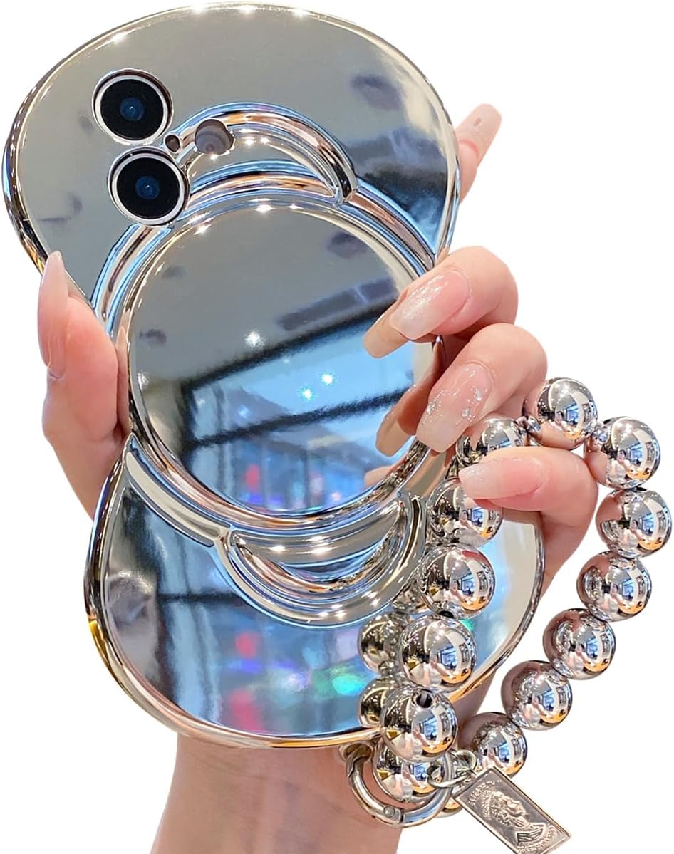 Case for iPhone 16 Plus 6.7'', 3D Plating Bowknot Phone Case with Lovely Bracelet Chain Camera Protector Cute Case Soft TPU Shockproof Protective Cover for Women & Girls Silver