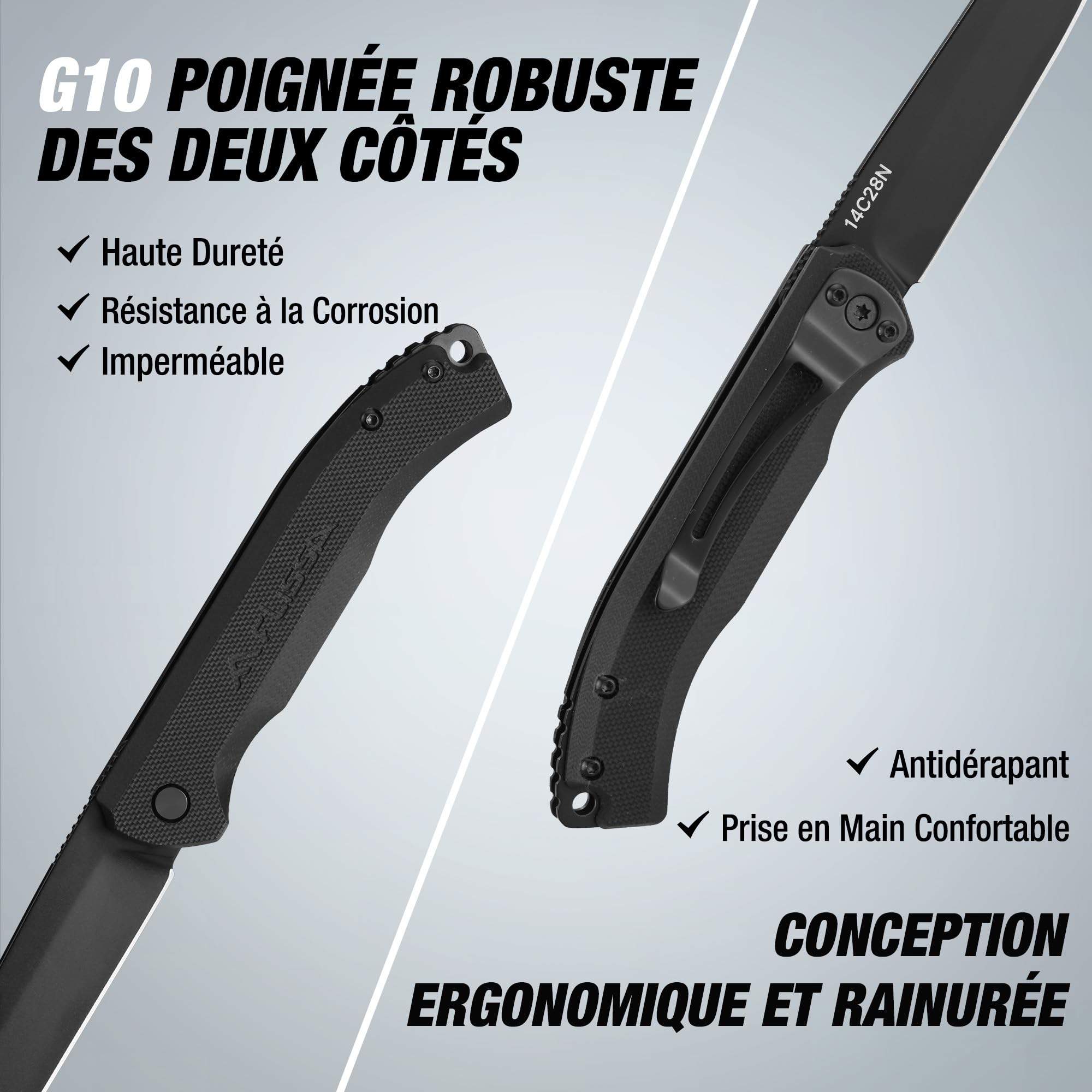 FLISSA Couteau Pliant de Poche en Acier 14C28N, Couteau Randonnée avec Manche G10, Clip de Ceinture, Idéal pour Camping, Alpinisme, Voyage, Usage Quotidien
