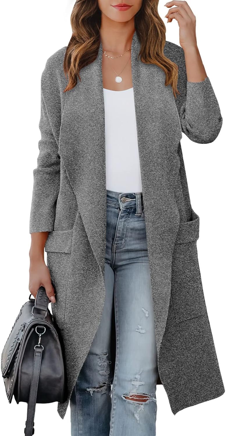 Cárdigan de manga larga para mujer, con frente abierto, casual, drapeado, bolsillos de punto, chaquetas largas
