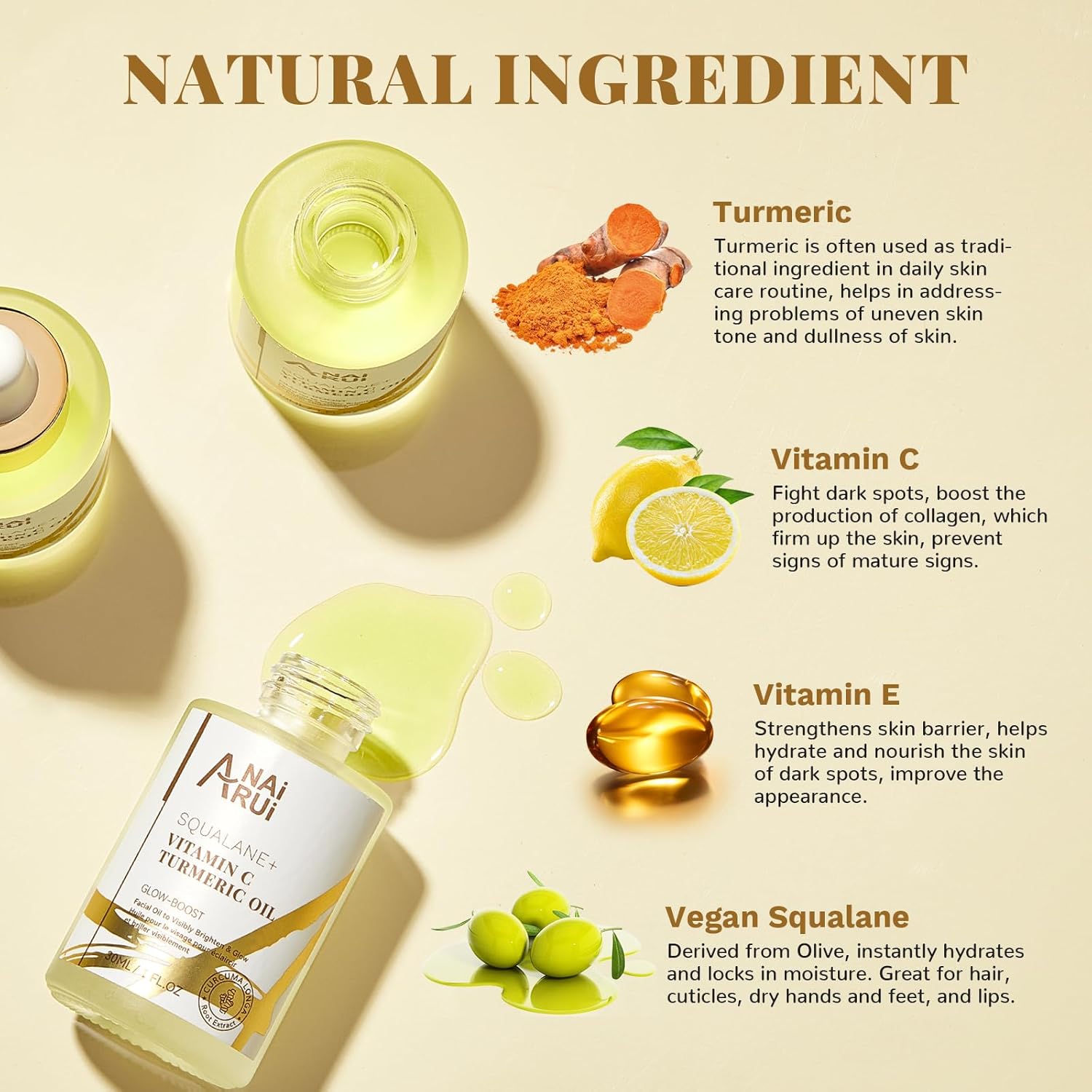 ANAI RUI Squalane Vitamin C Turmeric Facial Oil Moisturizer for Face, Hydrates, Firms Skin, 1fl.Oz. - Image 4