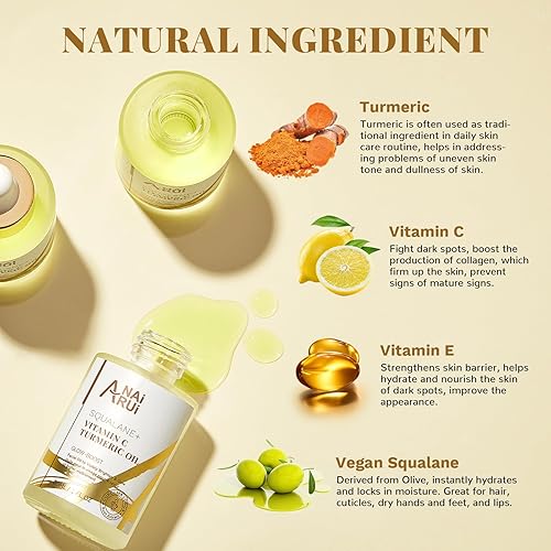 Miniatura 4 de ANAI RUI Squalane Vitamina C Cúrcuma Aceite hidratante facial para cara, hidrata, reafirma la piel, 1 onza líquida.