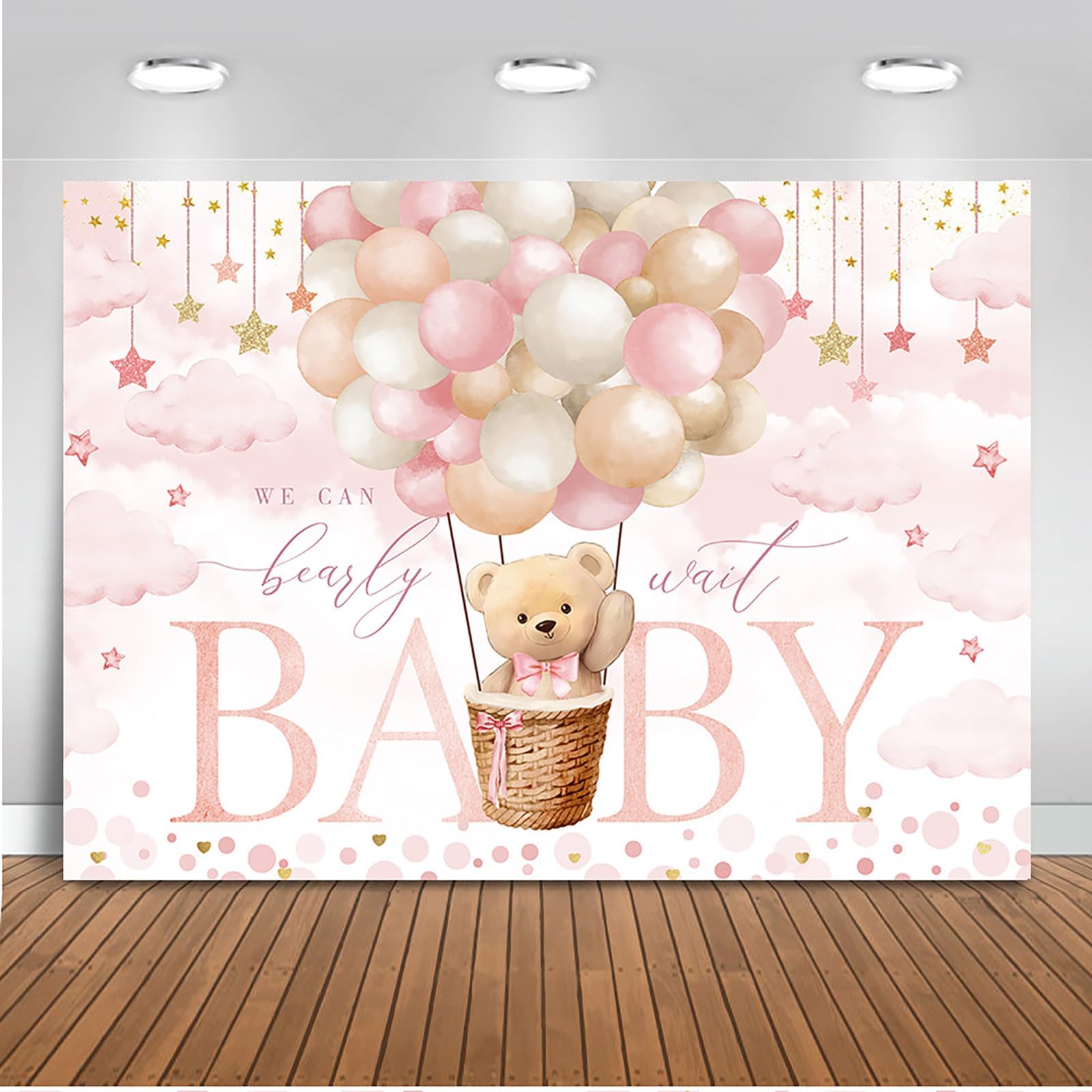 Mocsicka We Can Bearly Wait Backdrop 7x5ft Pink Hot Balloon Bearly Wait Girl Baby Shower Party Decorations Background Pink Cloud Bear Girl Baby Shower Photography Background