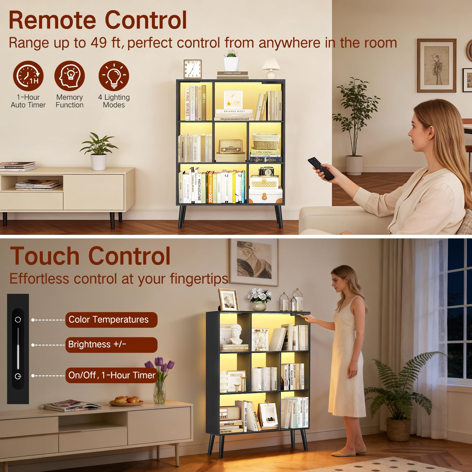 Libreria a 7 Cubi con Luci LED, Controllo Touch e Telecomando, Scaffale Moderno a Terra Dimmabile, Organizer in Legno Aperto per Soggiorno, Camera da Letto e Ufficio