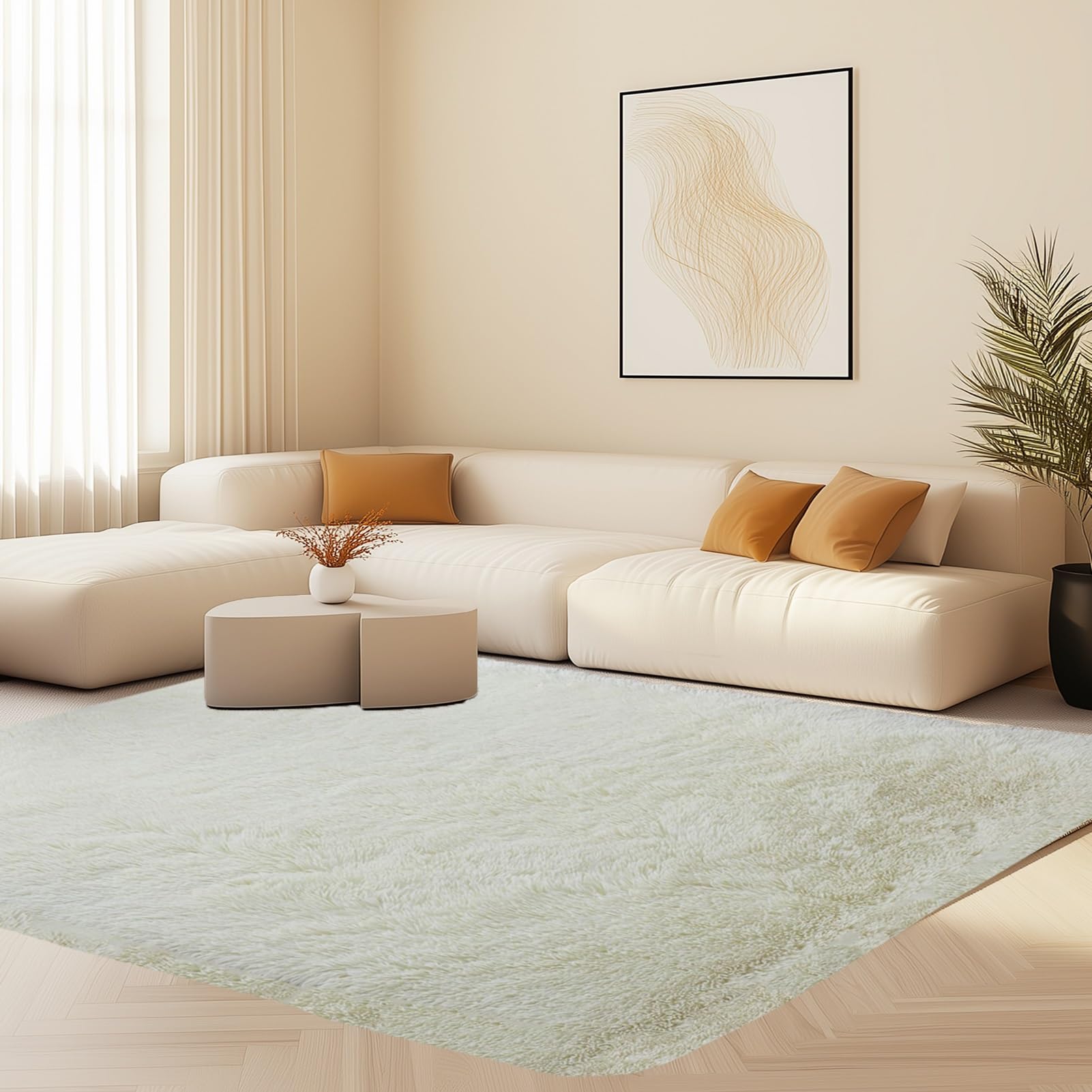 Alfombra Salon Pelo Largo 200 x 300 cm Lavable Antideslizante Alfombras de Interior Sostenible para Salón Dormitorio Baño Sofá Silla Cojín, Blanco