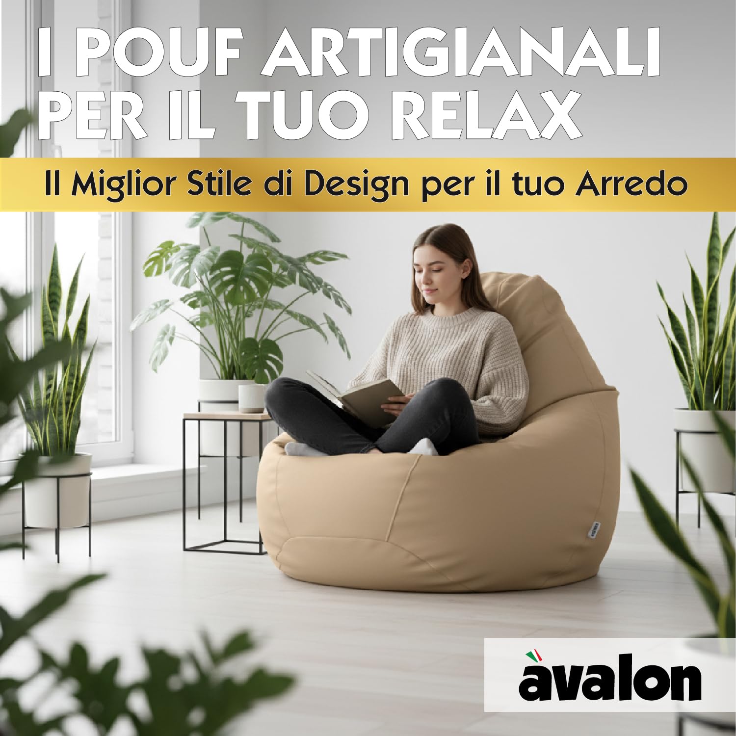 Avalon - Pouf Bambini Jazz in Ecopelle Deluxe Super Resistente, Pouf Sacco di Qualità Sartoriale, Bean Bag per Sedersi Ergonomico, Pouf a Sacco Impermeabile, Made in Italy(56x76cm-Beige)