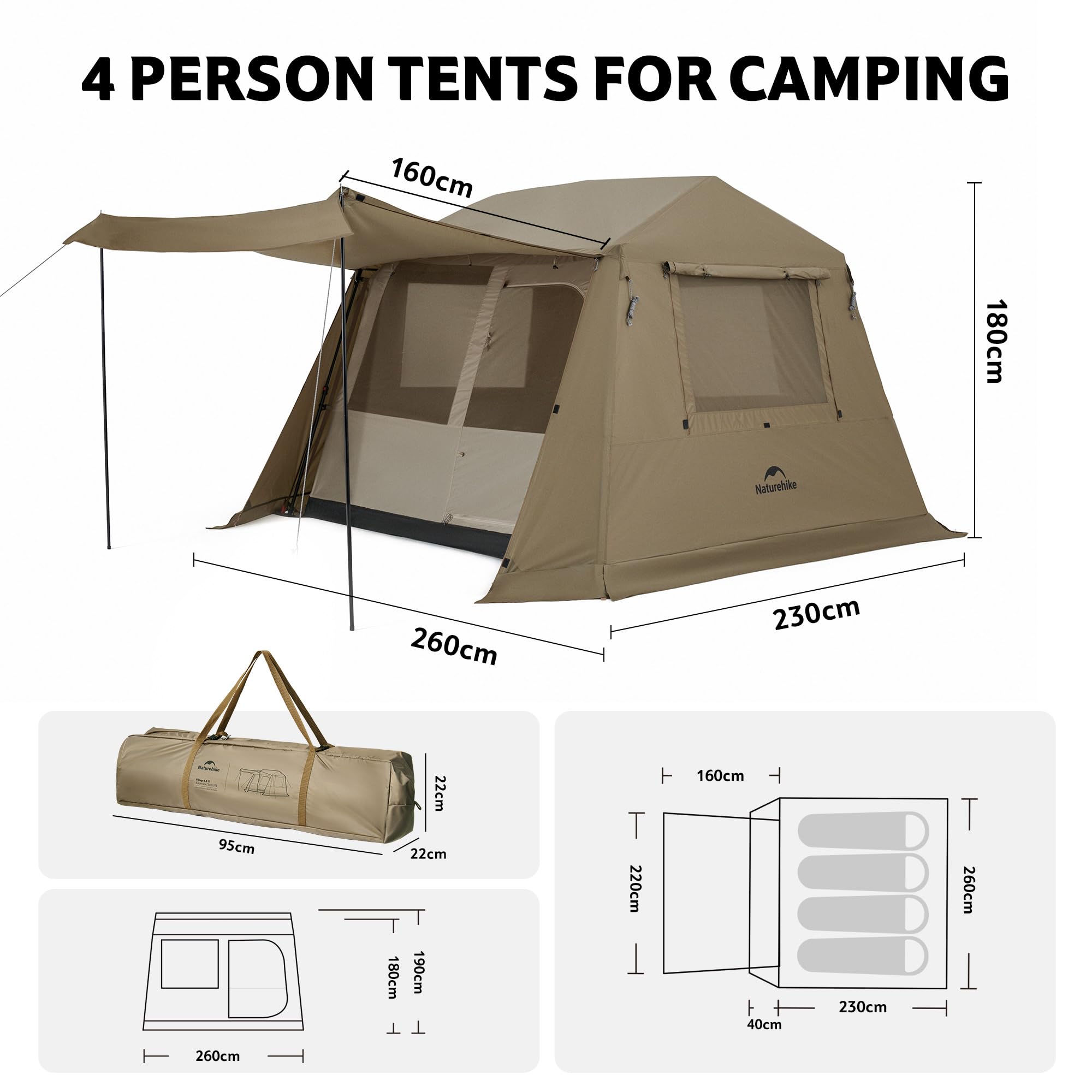 Naturehike Village Lite Tienda de campaña familiar para 4 – 8 personas, con 60 segundos, impermeable, doble capa, túnel para camping y jardín