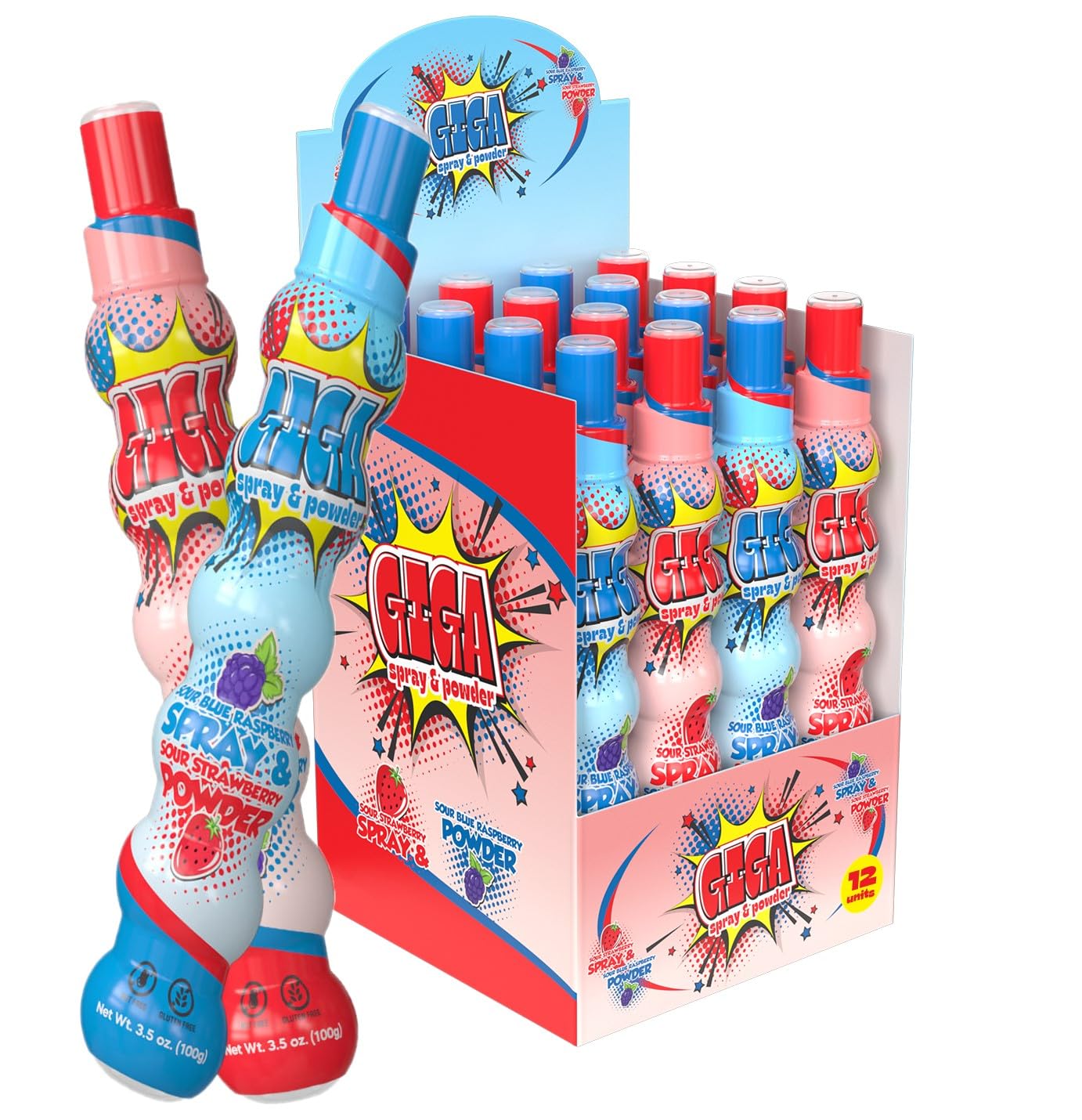 THAT'S SWEET! Giga Spray and Powder Sour Candy 12 Count - Experience Dual Flavors - Blue Raspberry Spray with Strawberry Powder or Strawberry Spray with Blue Raspberry Powder