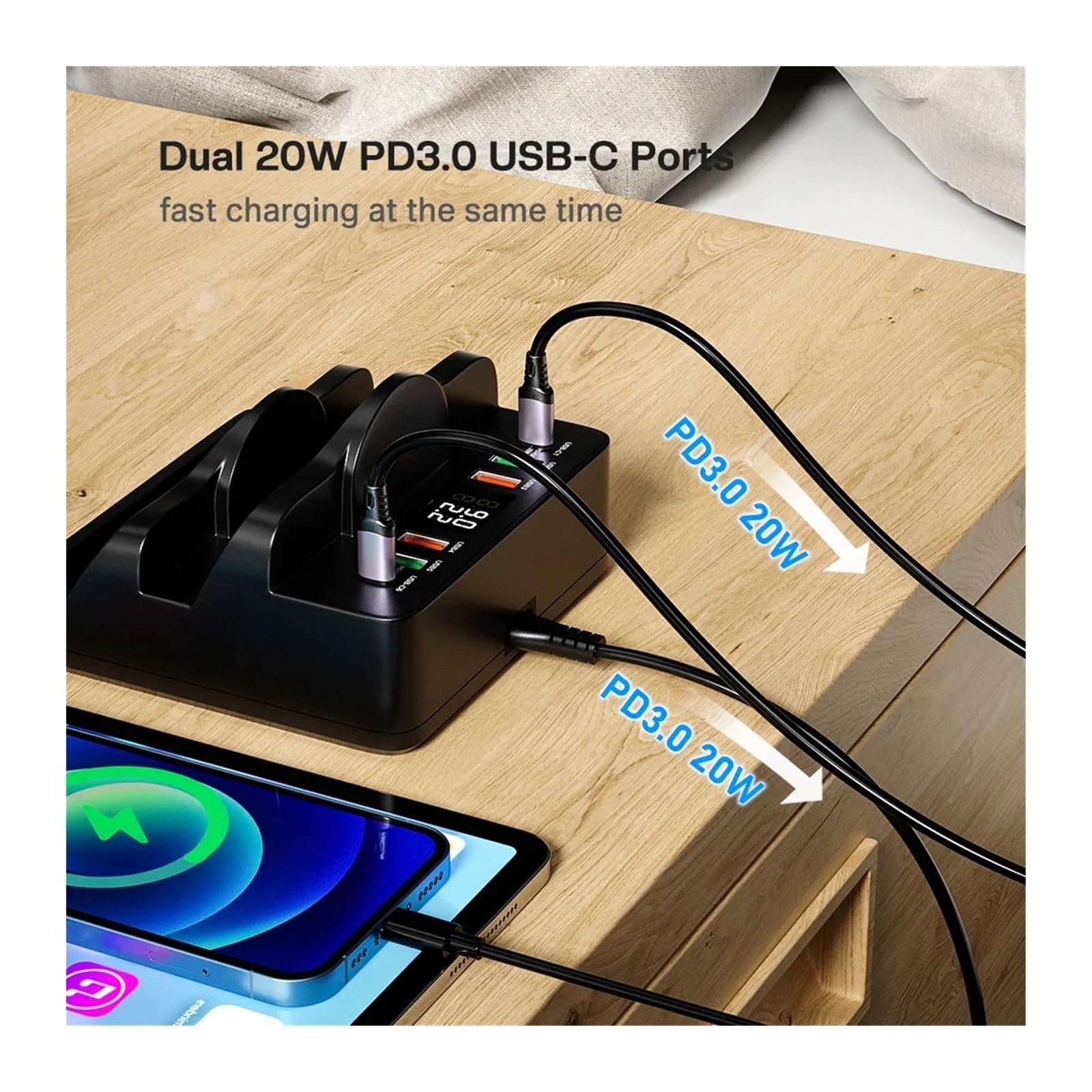 Ładowarka USB 80 W z podwójną indukcyjną bezprzewodową podstawką ładującą, 6 portów stacjonarnych QC3.0 PD szybka ładowarka, stacja ładująca USB C