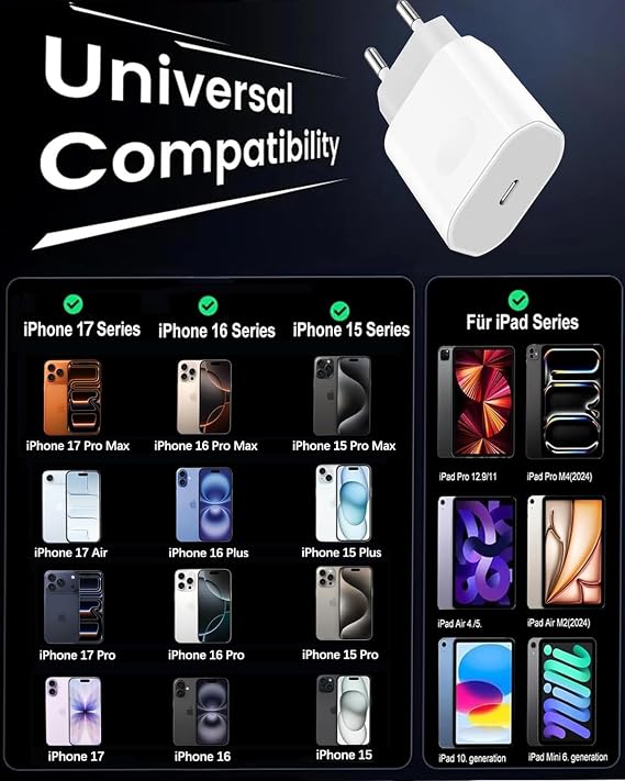 USB C Charger Charging Cable for iPhone 17 16e 16 15 Pro Max Plus/17 Air iPad Pro/Air Mini 2024/10.11th Generation 20W USBC Adapter Power Supply Plug with 2M Cable Fast Charging Cable Quick Charger