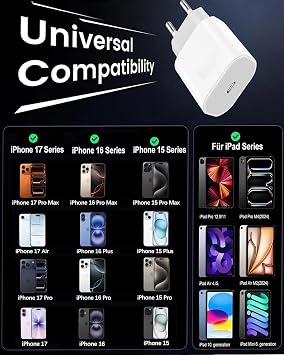 USB C Charger Charging Cable for iPhone 17 16e 16 15 Pro Max Plus/17 Air iPad Pro/Air Mini 2024/10.11th Generation 20W USBC Adapter Power Supply Plug with 2M Cable Fast Charging Cable Quick Charger