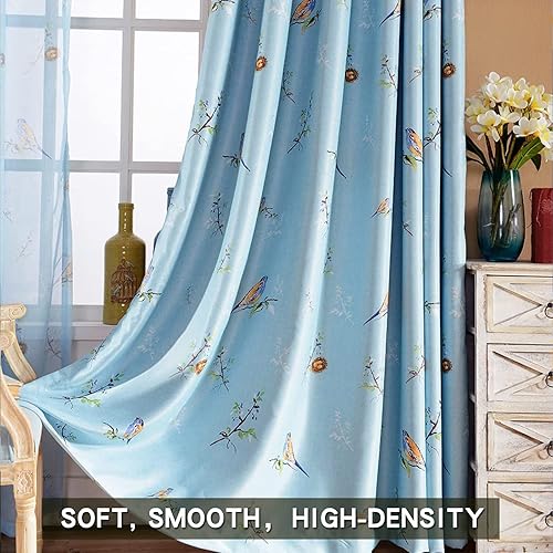 Miniatura 4 de Cortinas opacas de doble cara con estampado de pájaros para dormitorio, 84 pulgadas de largo, 2 paneles de cortinas de ventana azules con